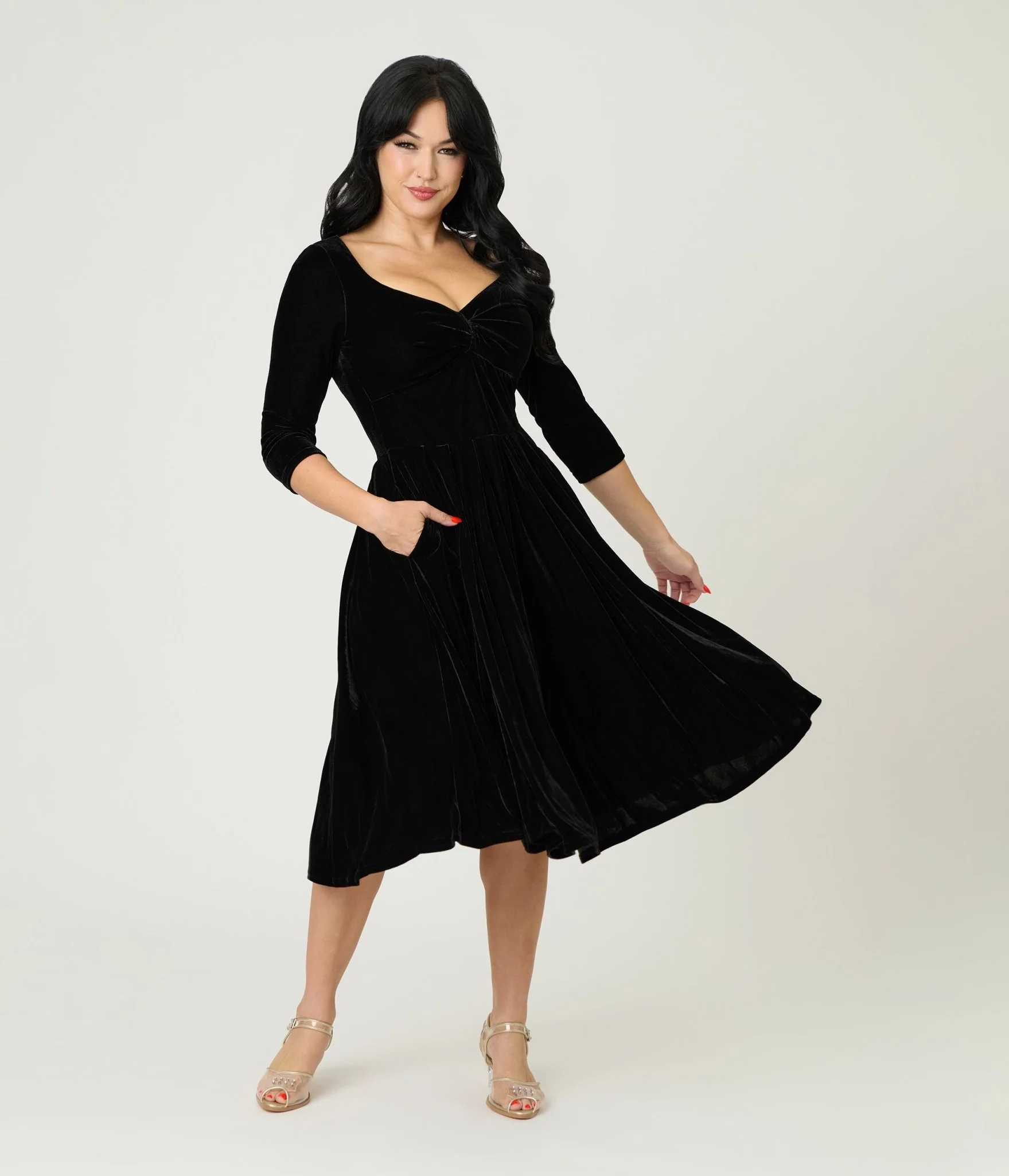 Unique Vintage Black Velvet Front Twist Swing Dress