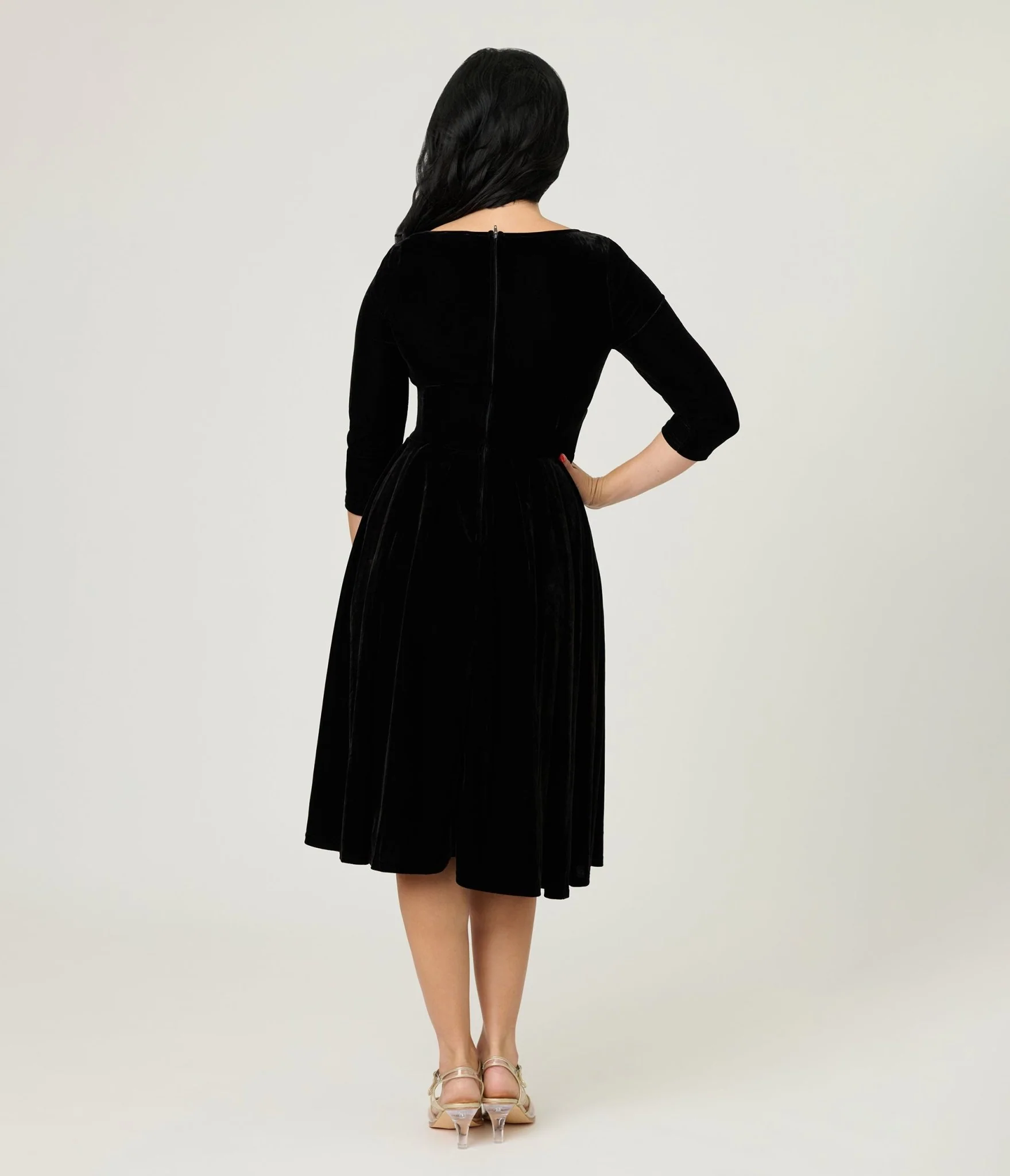 Unique Vintage Black Velvet Front Twist Swing Dress - Image 2