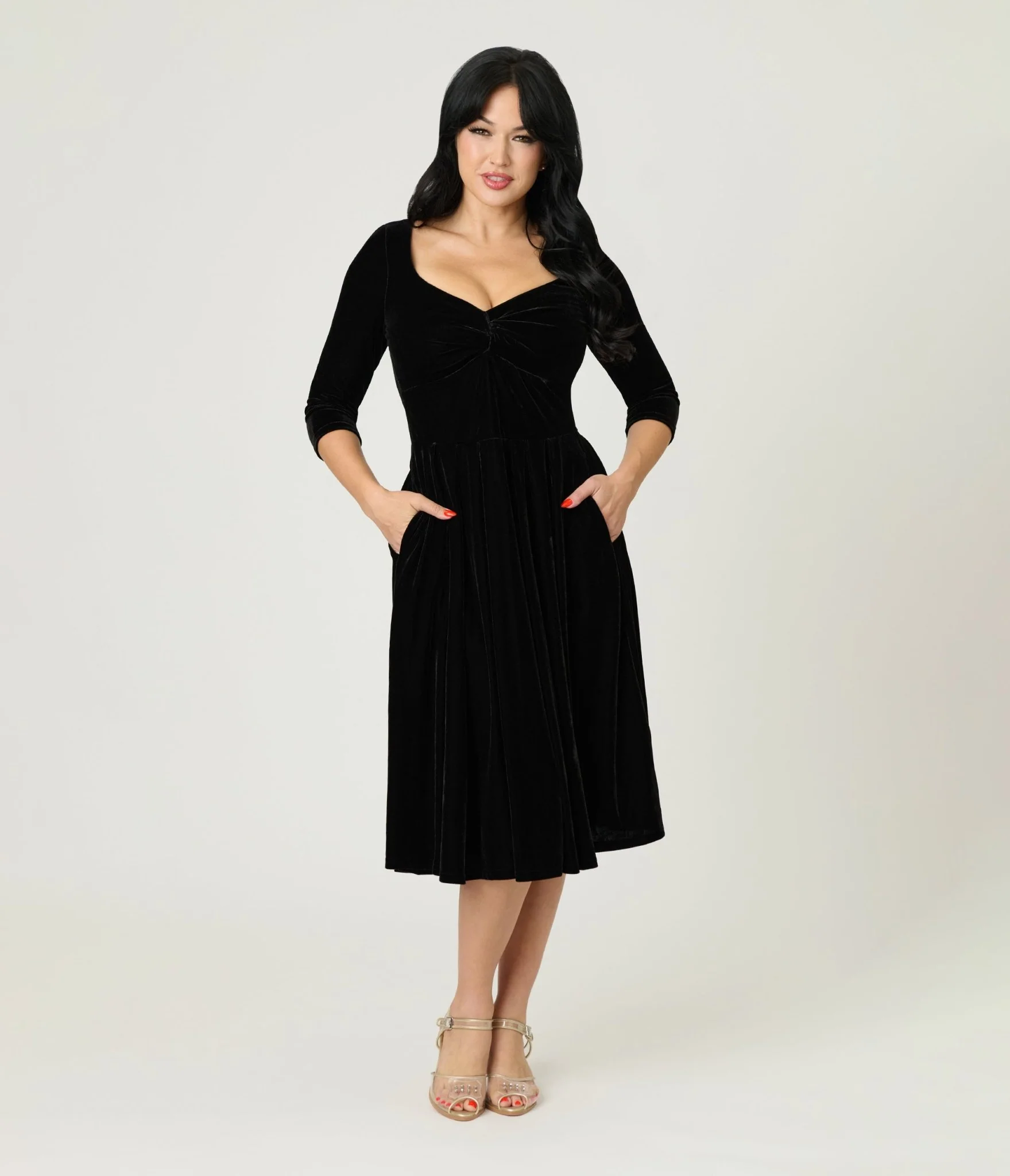 Unique Vintage Black Velvet Front Twist Swing Dress - Image 4