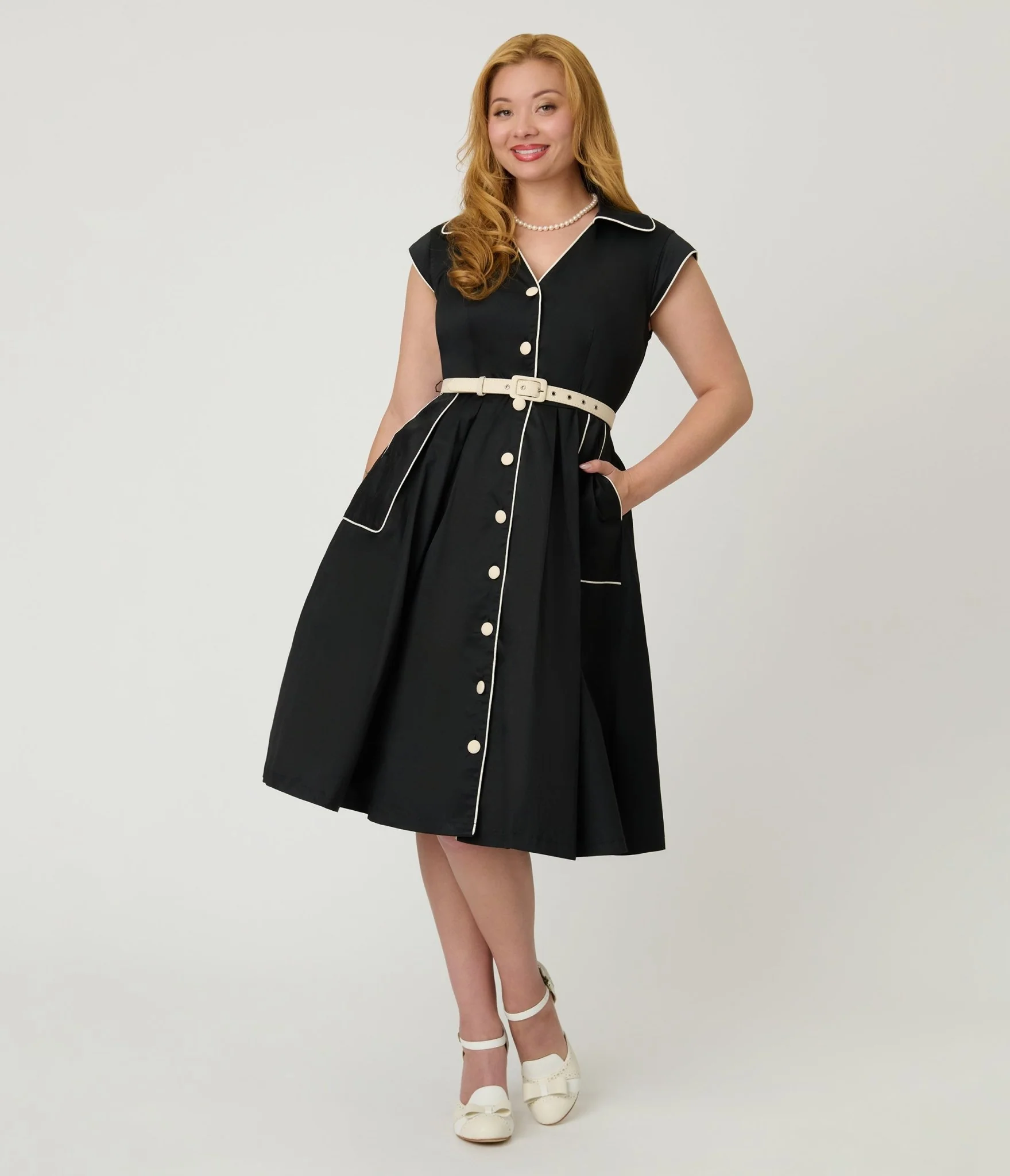 Unique Vintage Black & White Cotton Shirt Swing Dress - Image 3