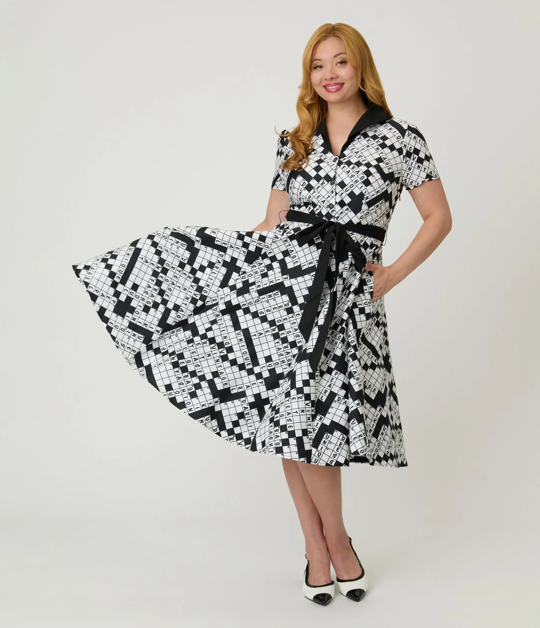 Unique Vintage Black & White Crossword Puzzle Cotton Shirt Dress - Image 3