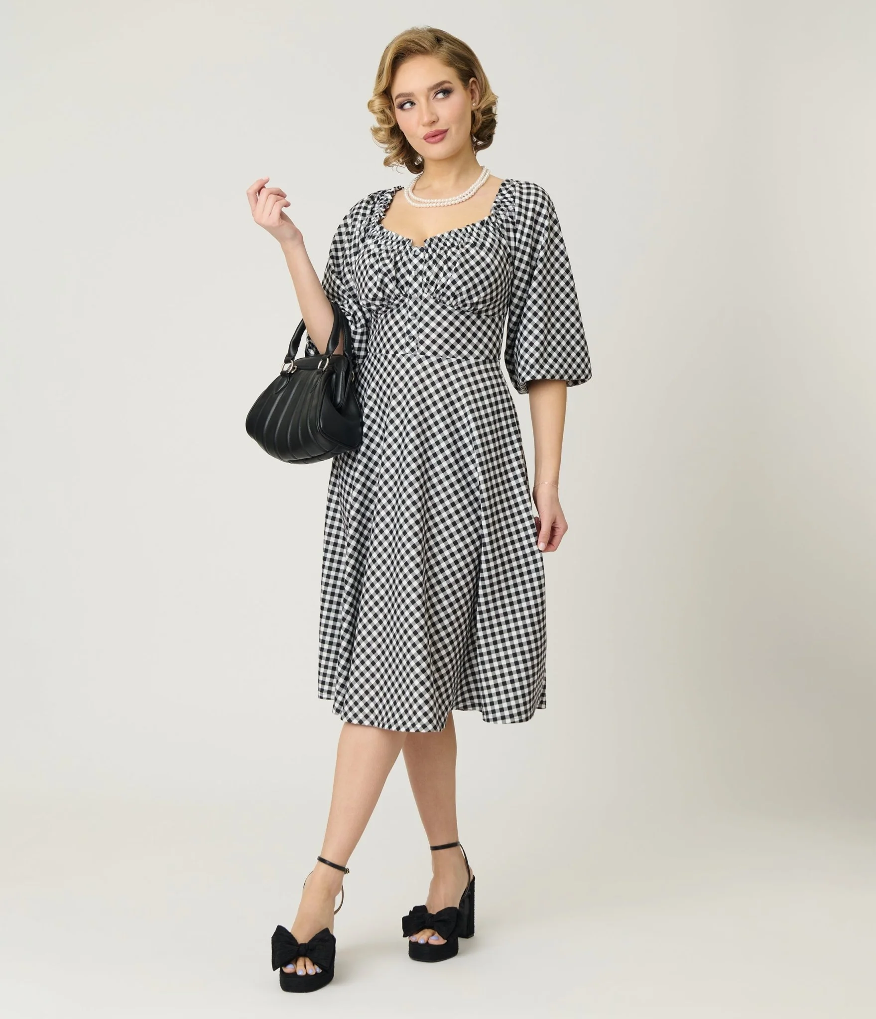 Unique Vintage Black & White Gingham Peasant Sleeve Swing Dress - Image 3