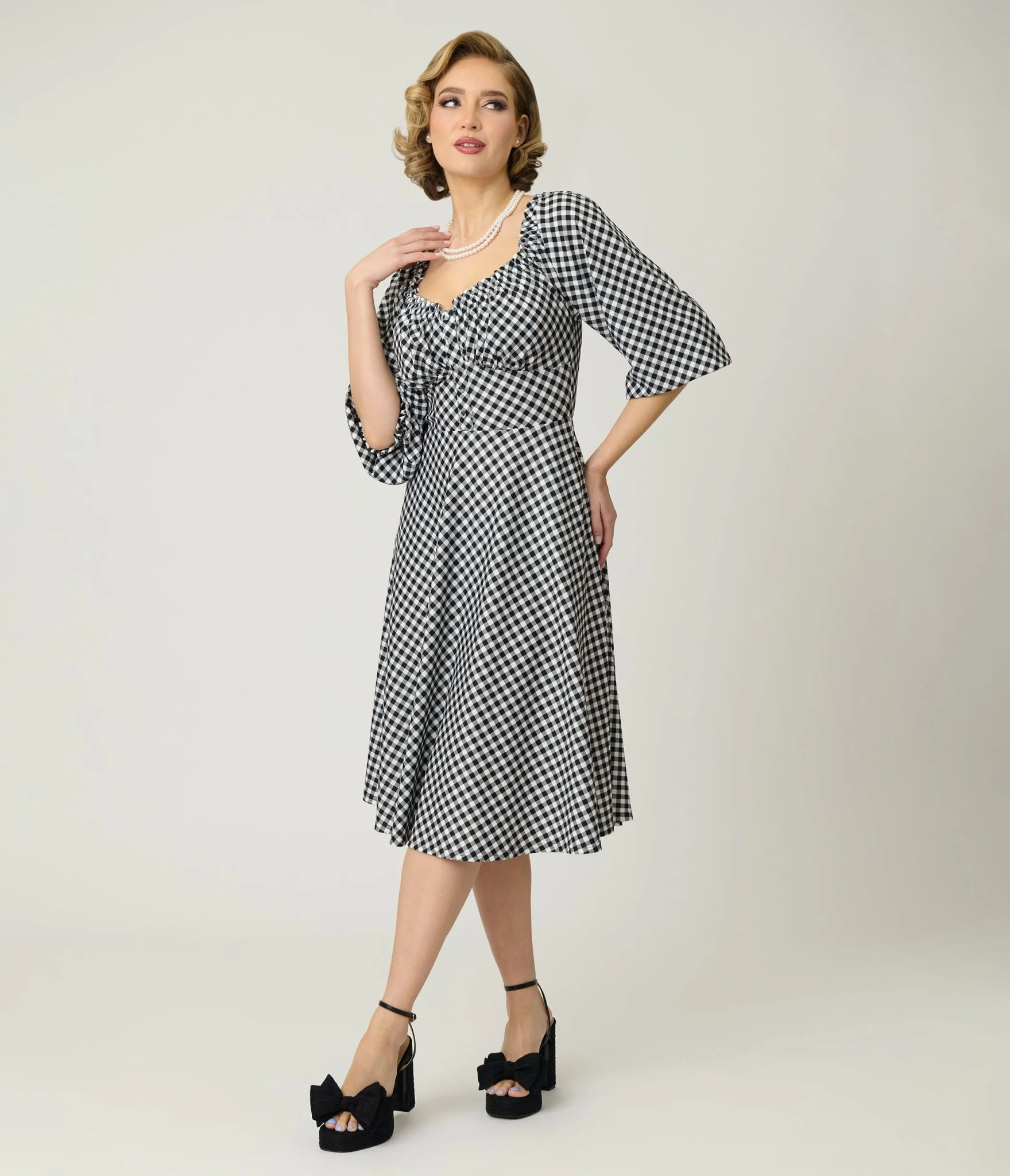Unique Vintage Black & White Gingham Peasant Sleeve Swing Dress - Image 4