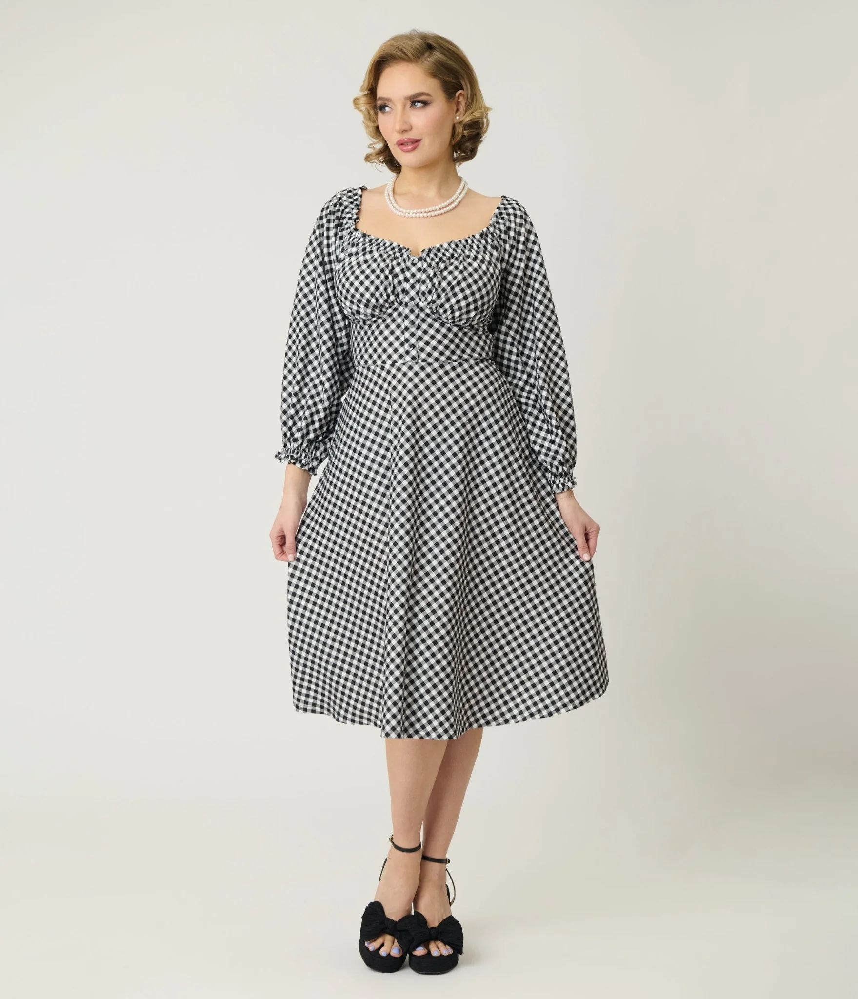 Unique Vintage Black & White Gingham Peasant Sleeve Swing Dress - Image 5