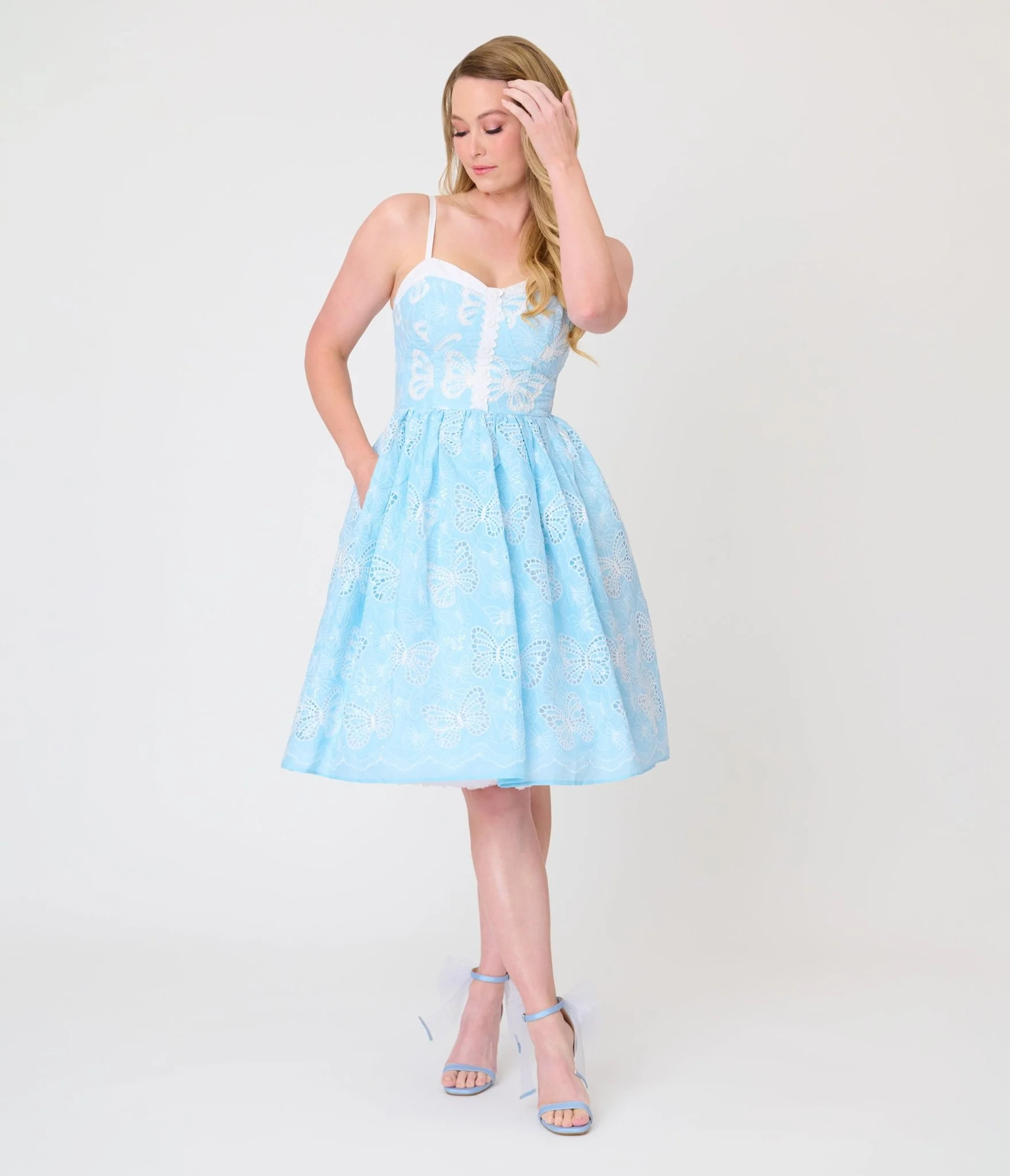 Unique Vintage Blue Butterfly Eyelet Swing Dress