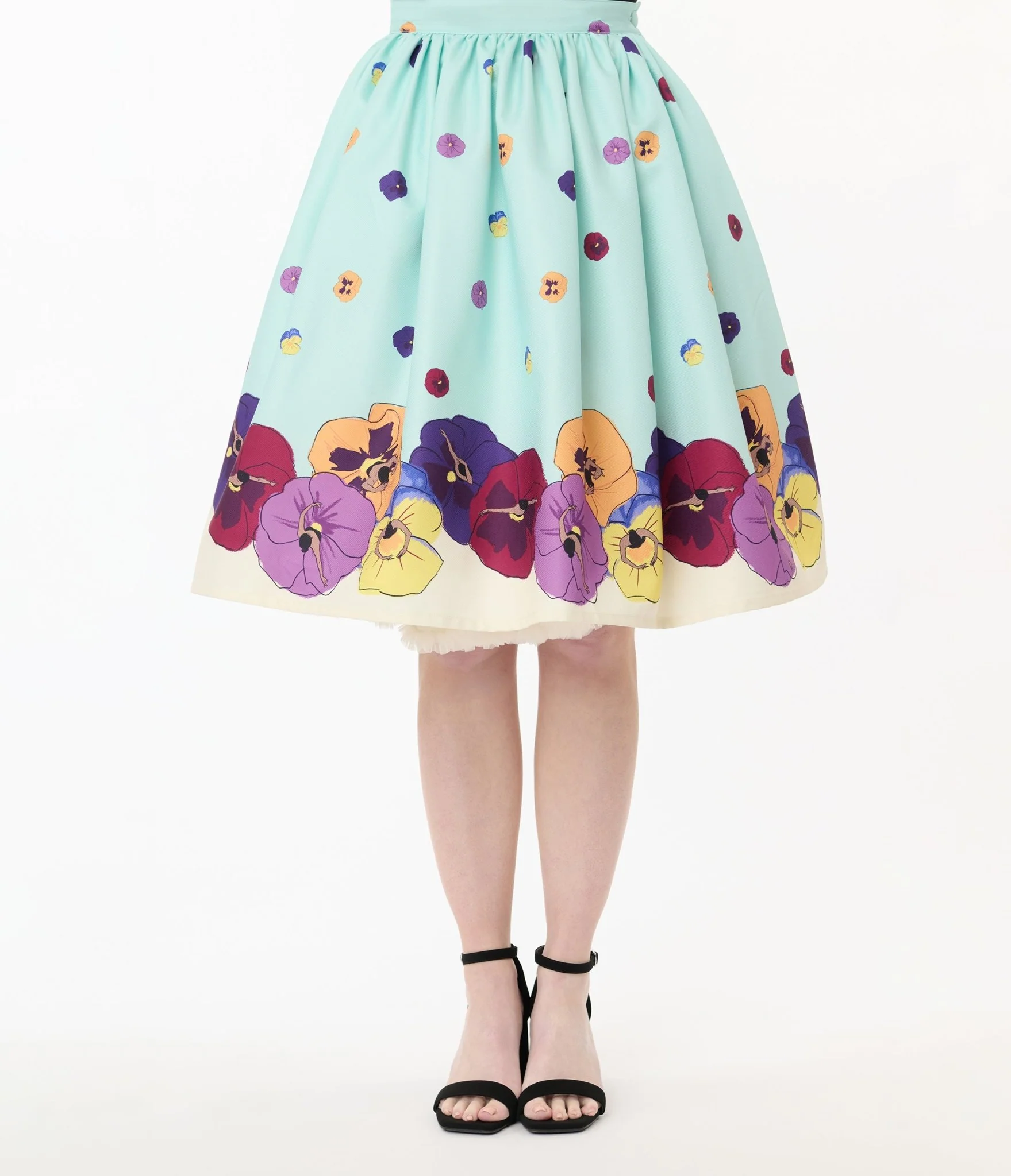 Unique Vintage Blue Dancing Pansies Gellar Swing Skirt - Image 3