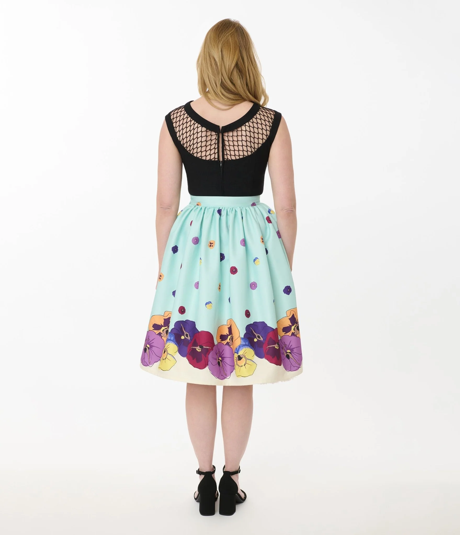 Unique Vintage Blue Dancing Pansies Gellar Swing Skirt - Image 4