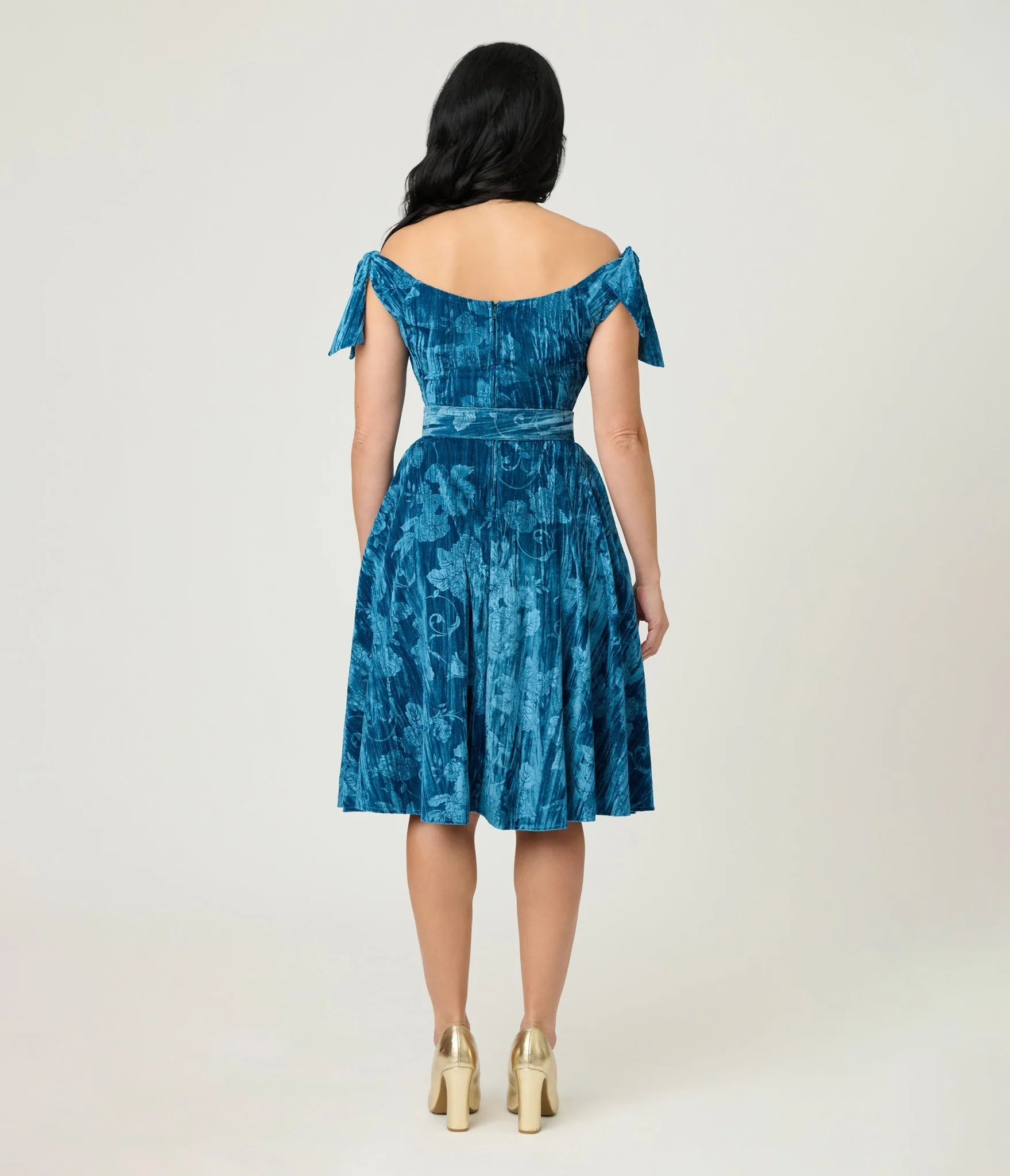 Unique Vintage Blue Floral Embossed Velvet Prairie Swing Dress - Image 2