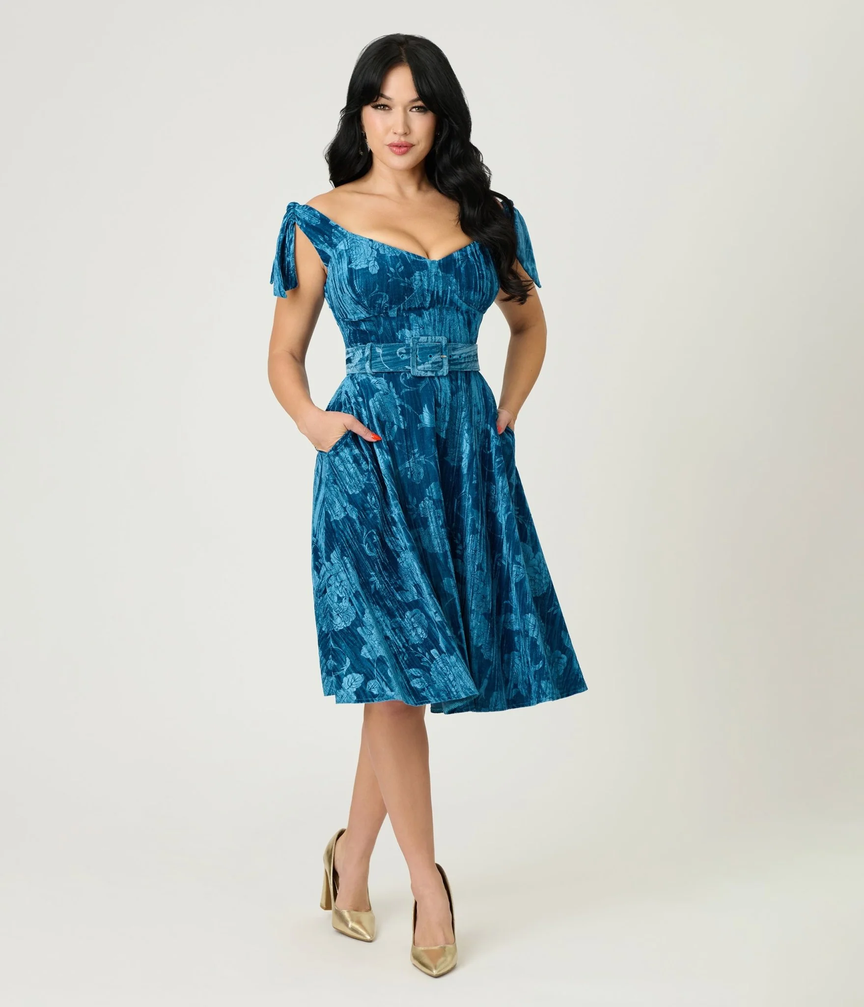Unique Vintage Blue Floral Embossed Velvet Prairie Swing Dress - Image 3