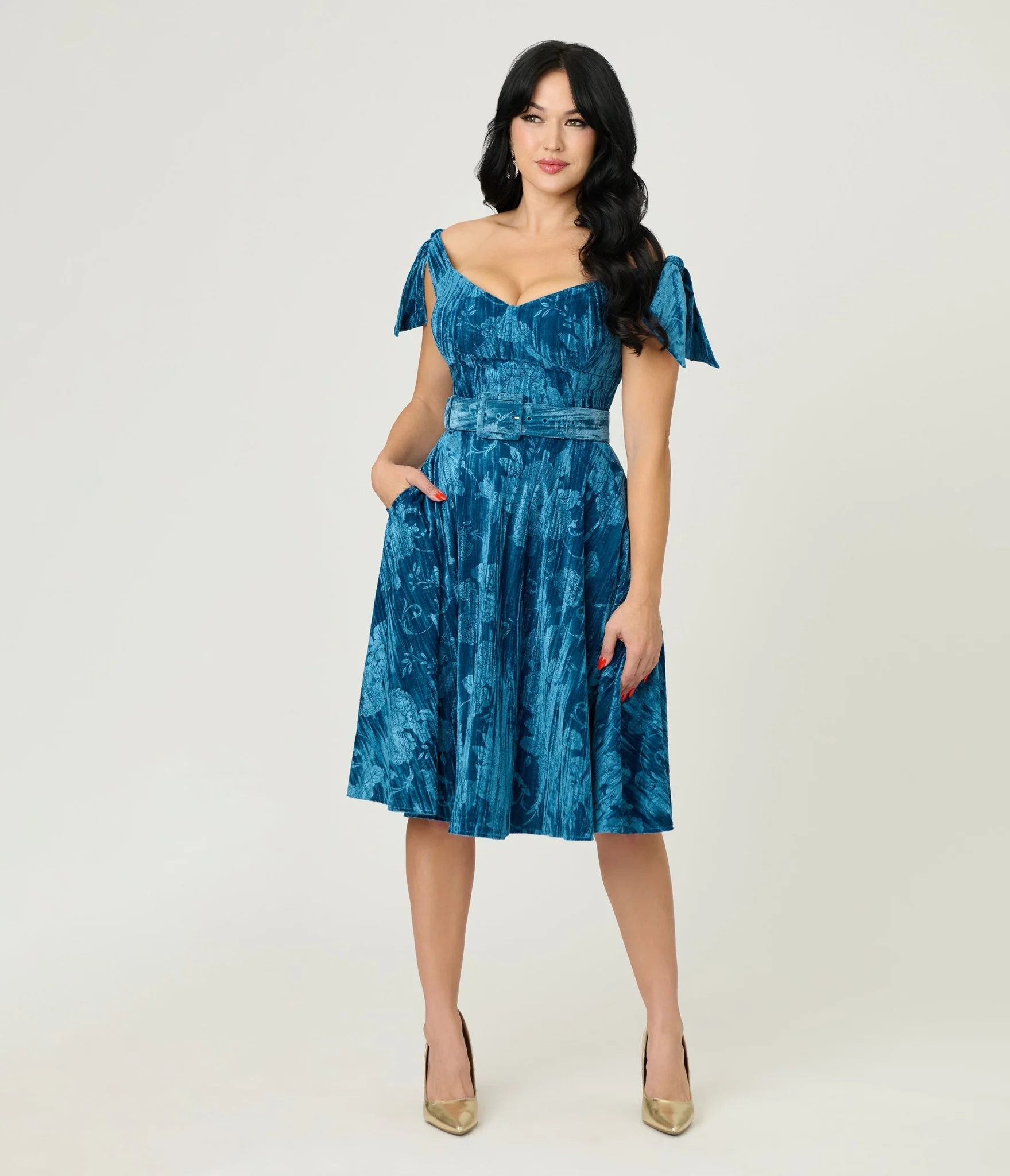 Unique Vintage Blue Floral Embossed Velvet Prairie Swing Dress - Image 4