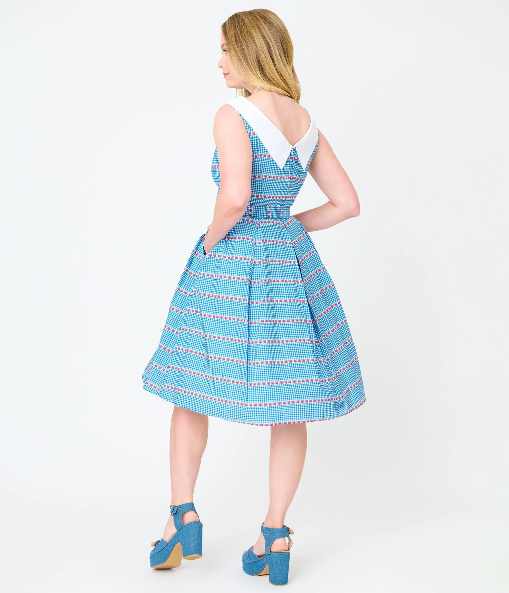 Unique Vintage Blue Gingham & Strawberries Swing Dress - Image 2