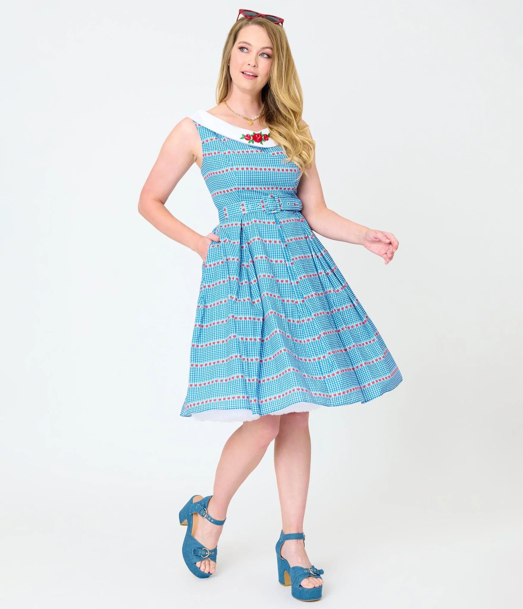 Unique Vintage Blue Gingham & Strawberries Swing Dress - Image 3