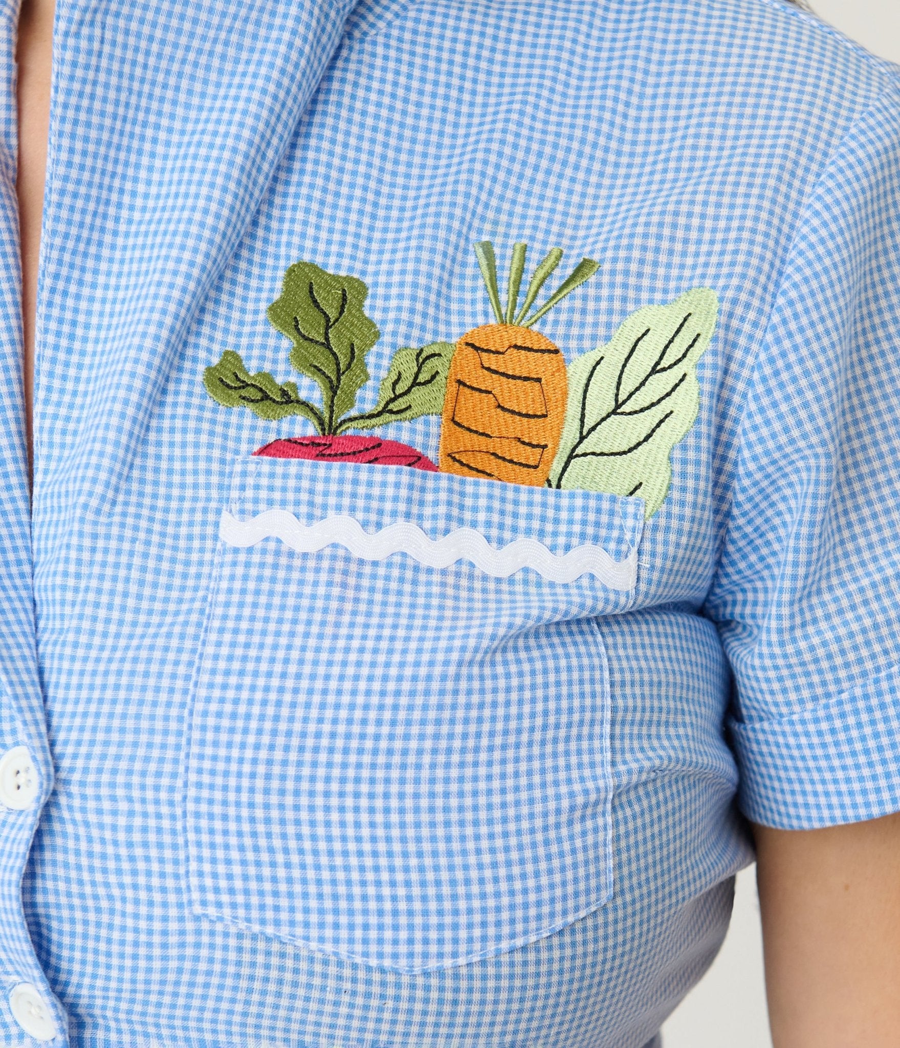 Unique Vintage Blue Gingham & Veggie Embroidery Shirley Crop Top - Image 4