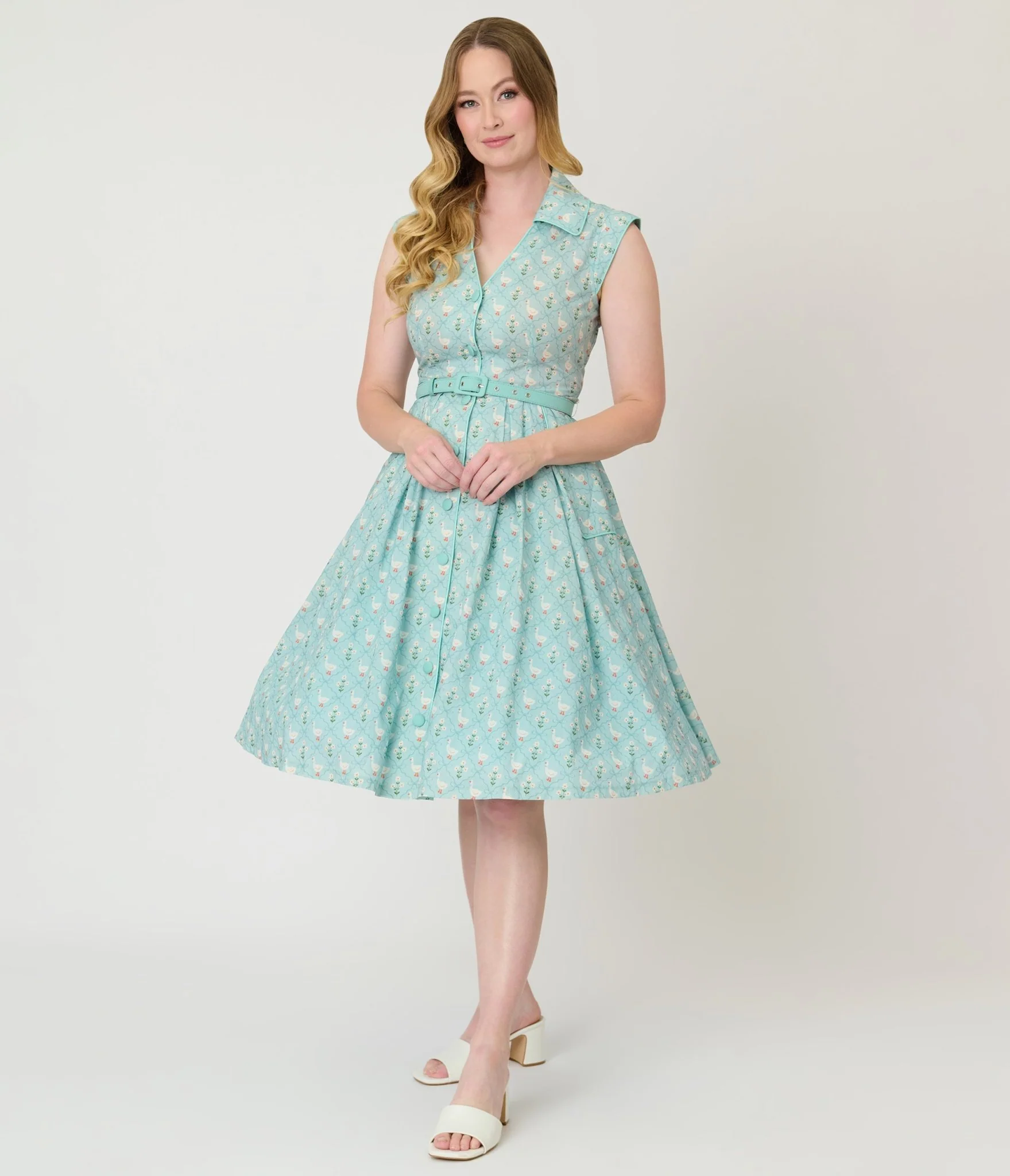 Unique Vintage Blue & Goose Print Cotton Shirt Swing Dress - Image 3