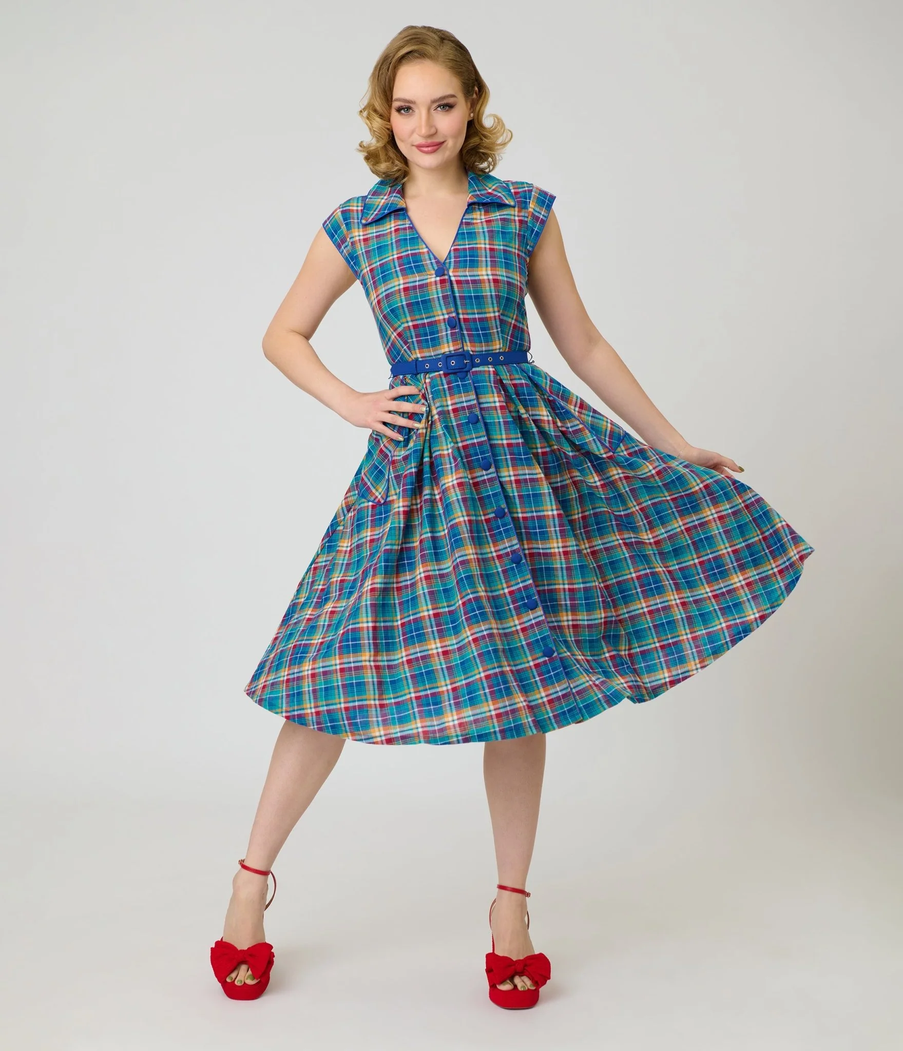Unique Vintage Blue Madras Plaid Shirt Swing Dress