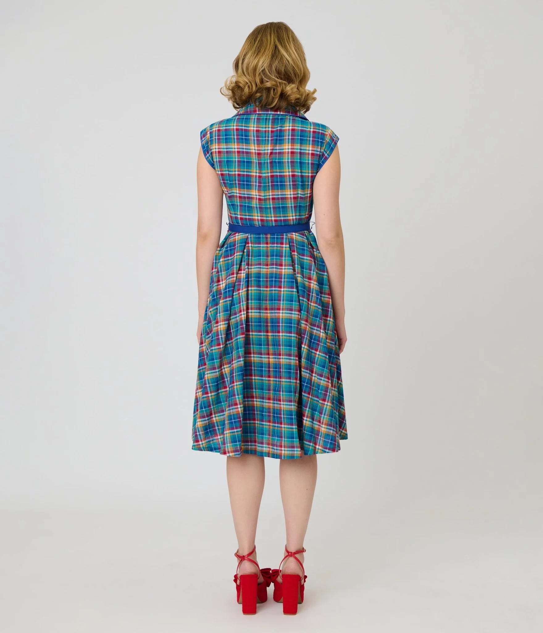 Unique Vintage Blue Madras Plaid Shirt Swing Dress - Image 2