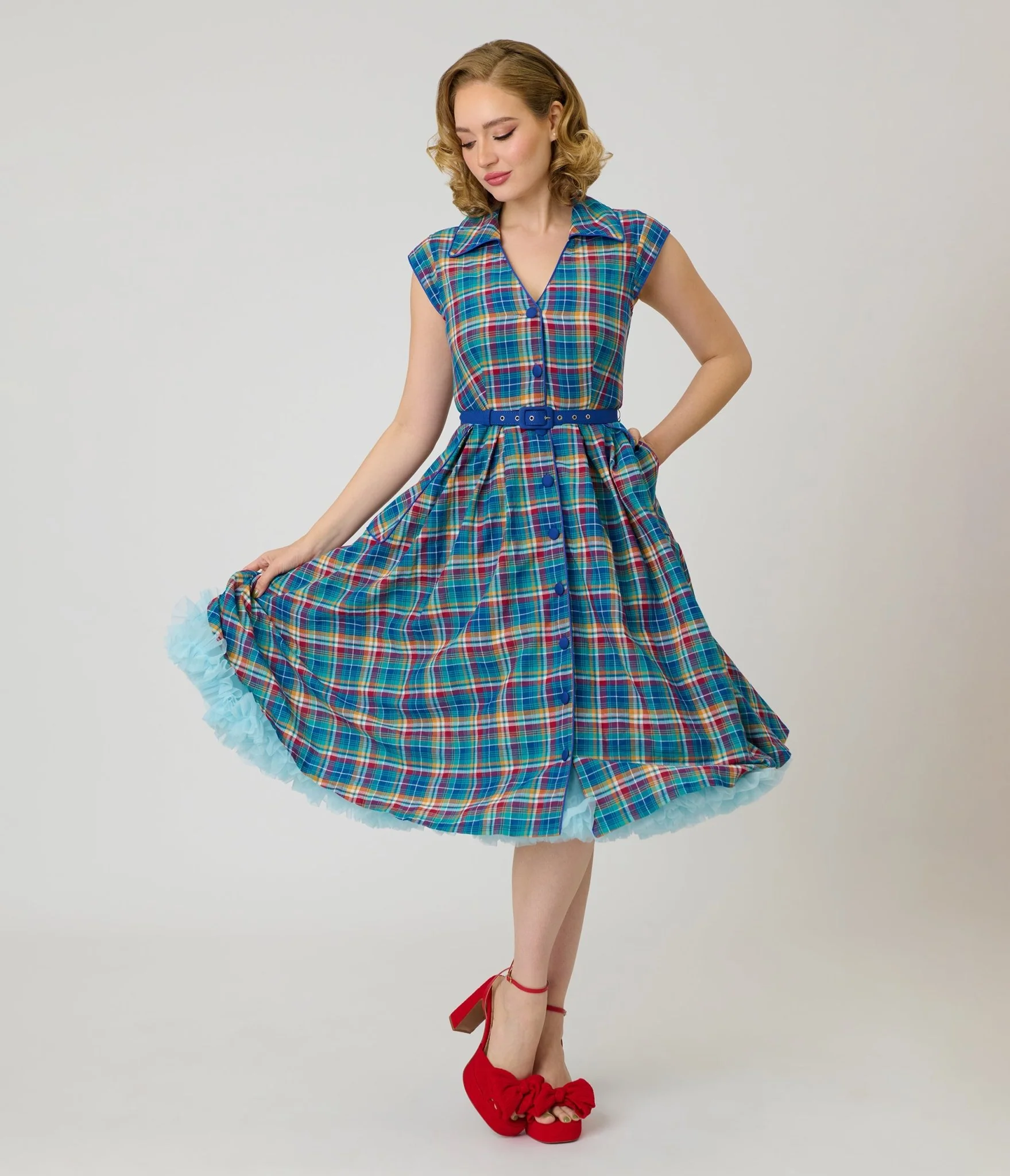 Unique Vintage Blue Madras Plaid Shirt Swing Dress - Image 3