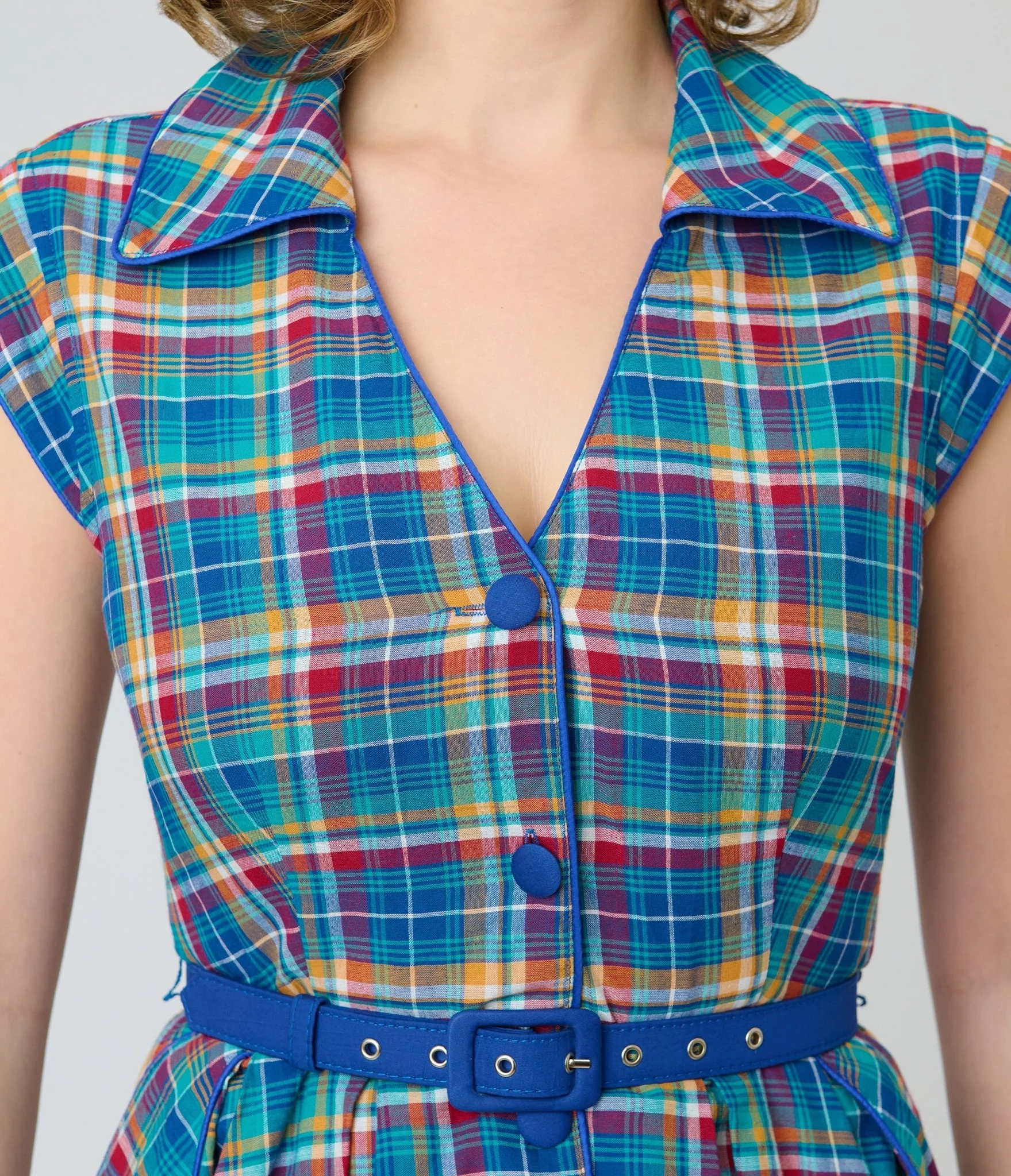 Unique Vintage Blue Madras Plaid Shirt Swing Dress - Image 4