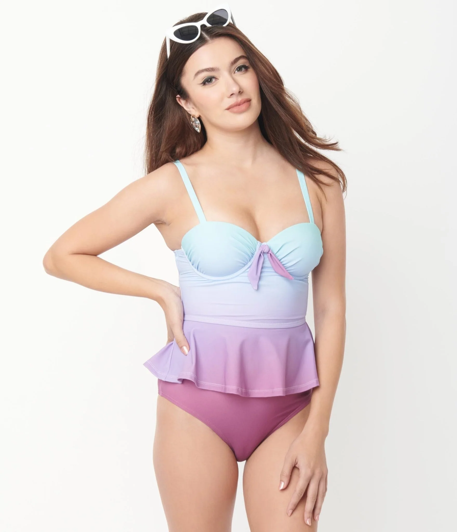 Unique Vintage Blue & Purple Ombre Peplum Solana Tankini Swim Top - Image 3