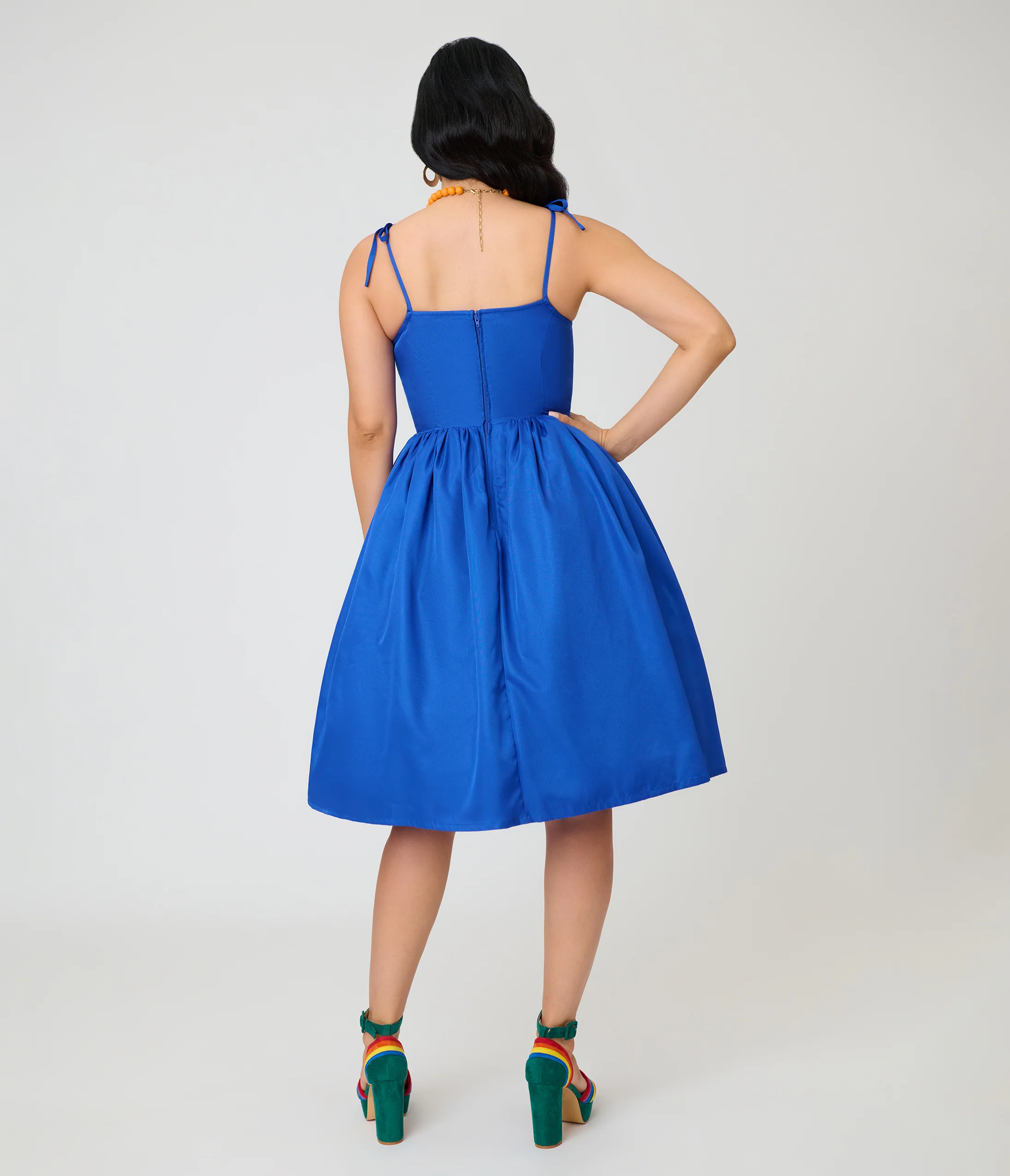 Unique Vintage Blue & Rainbow Striped Butterfly Cutout Bobbie Swing Dress - Image 2