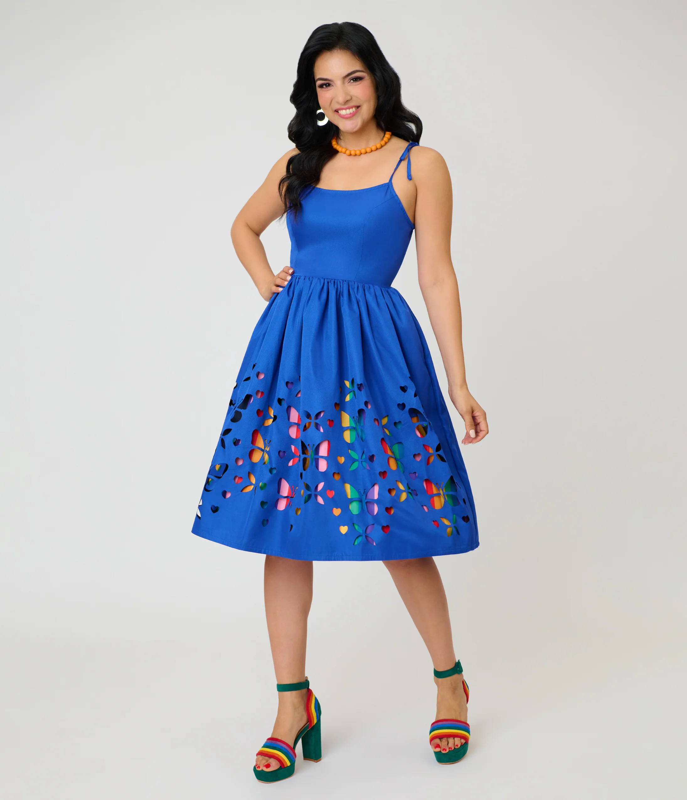 Unique Vintage Blue & Rainbow Striped Butterfly Cutout Bobbie Swing Dress - Image 3