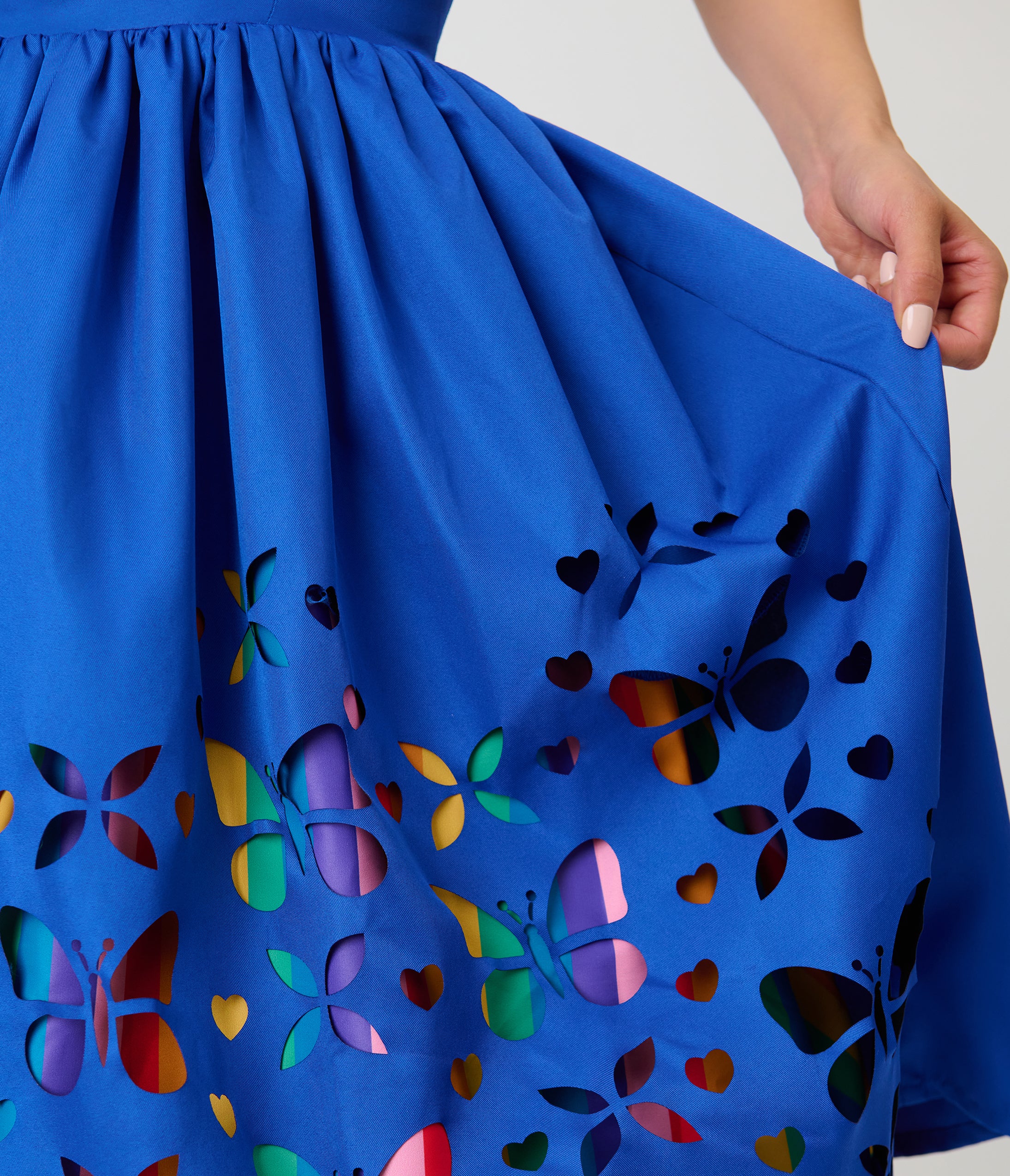 Unique Vintage Blue & Rainbow Striped Butterfly Cutout Bobbie Swing Dress - Image 4