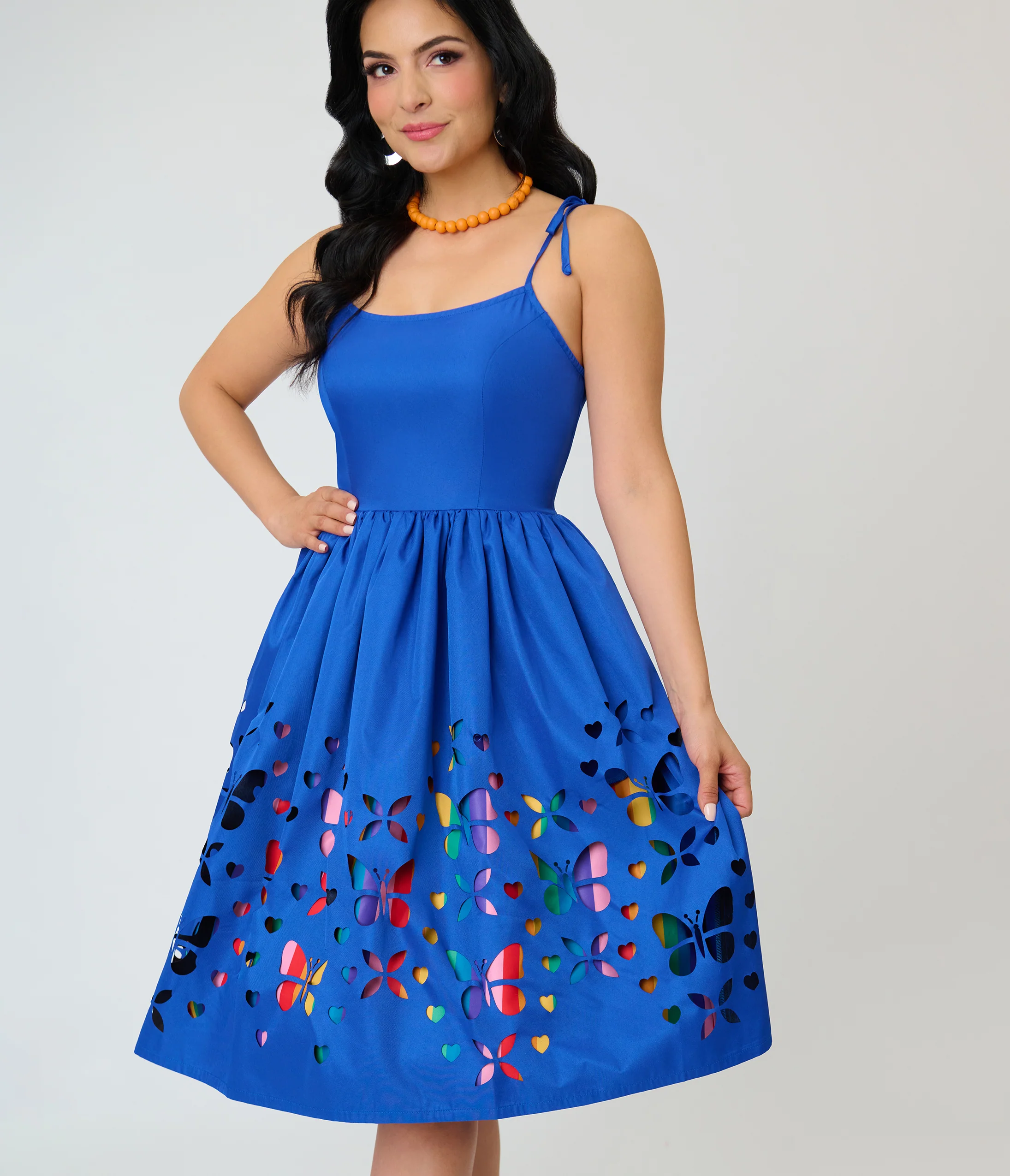 Unique Vintage Blue & Rainbow Striped Butterfly Cutout Bobbie Swing Dress - Image 5