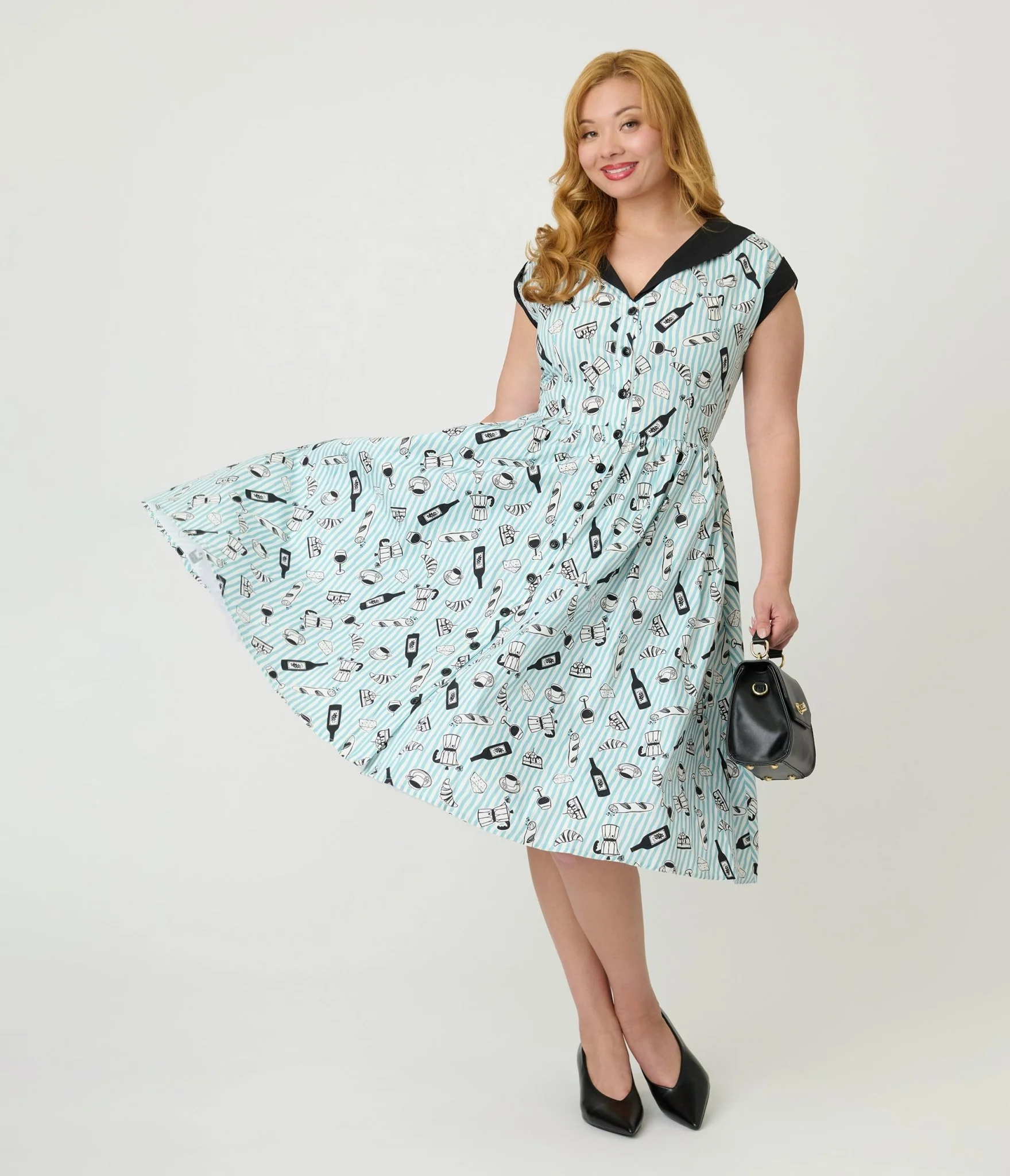 Unique Vintage Blue Stripe & Paris Cafe Print Swing Dress