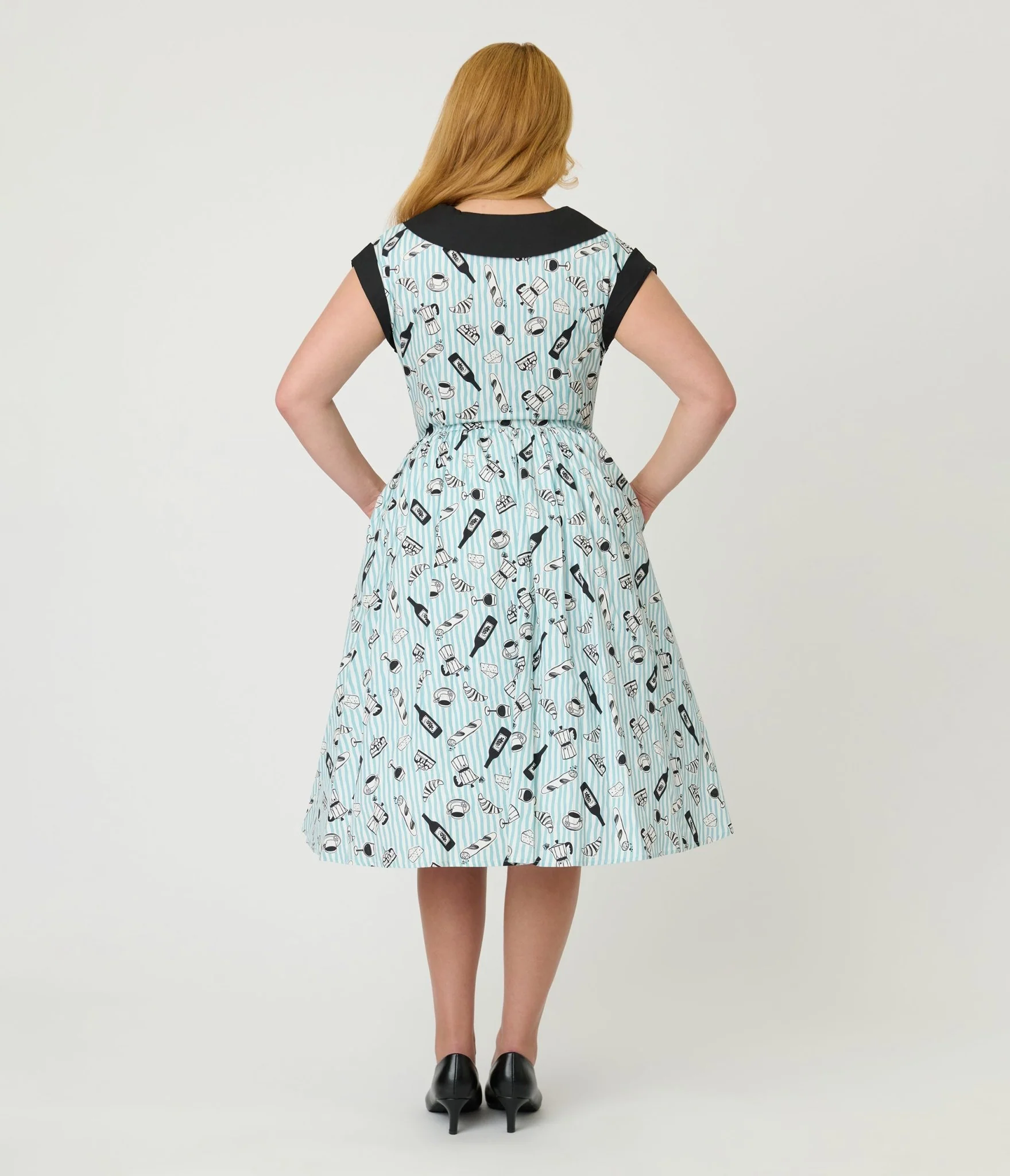 Unique Vintage Blue Stripe & Paris Cafe Print Swing Dress - Image 2
