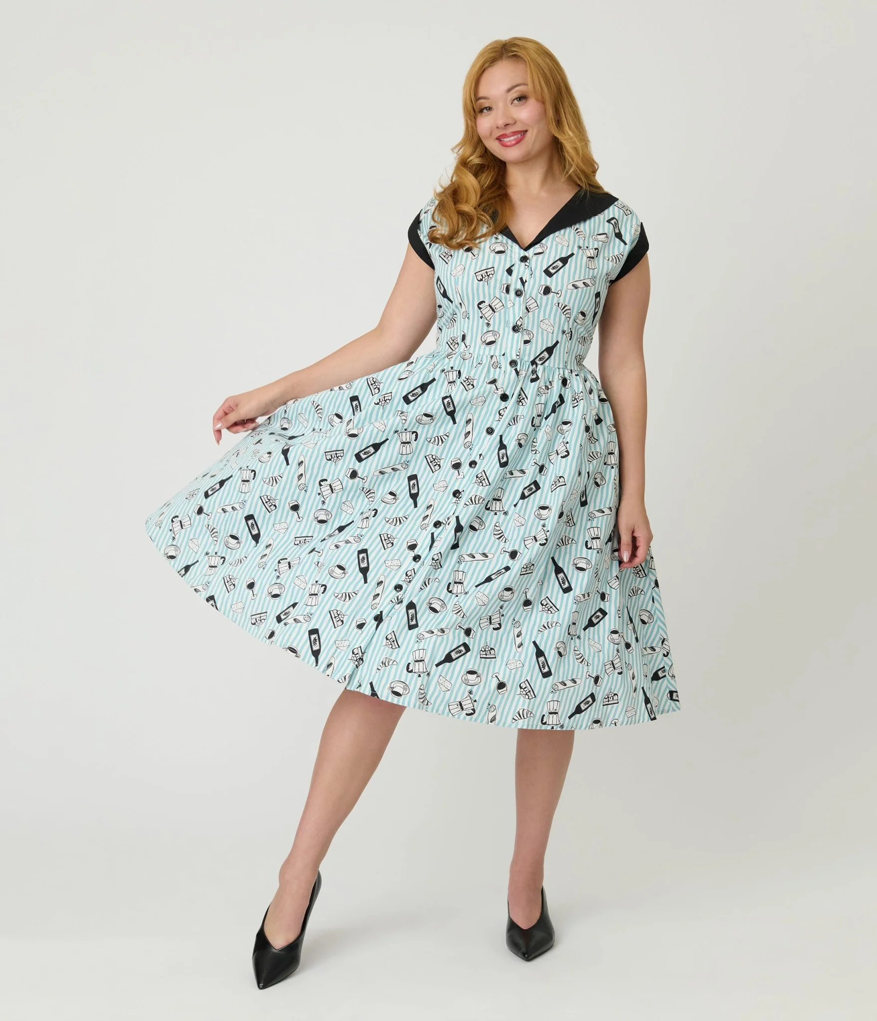 Unique Vintage Blue Stripe & Paris Cafe Print Swing Dress - Image 3