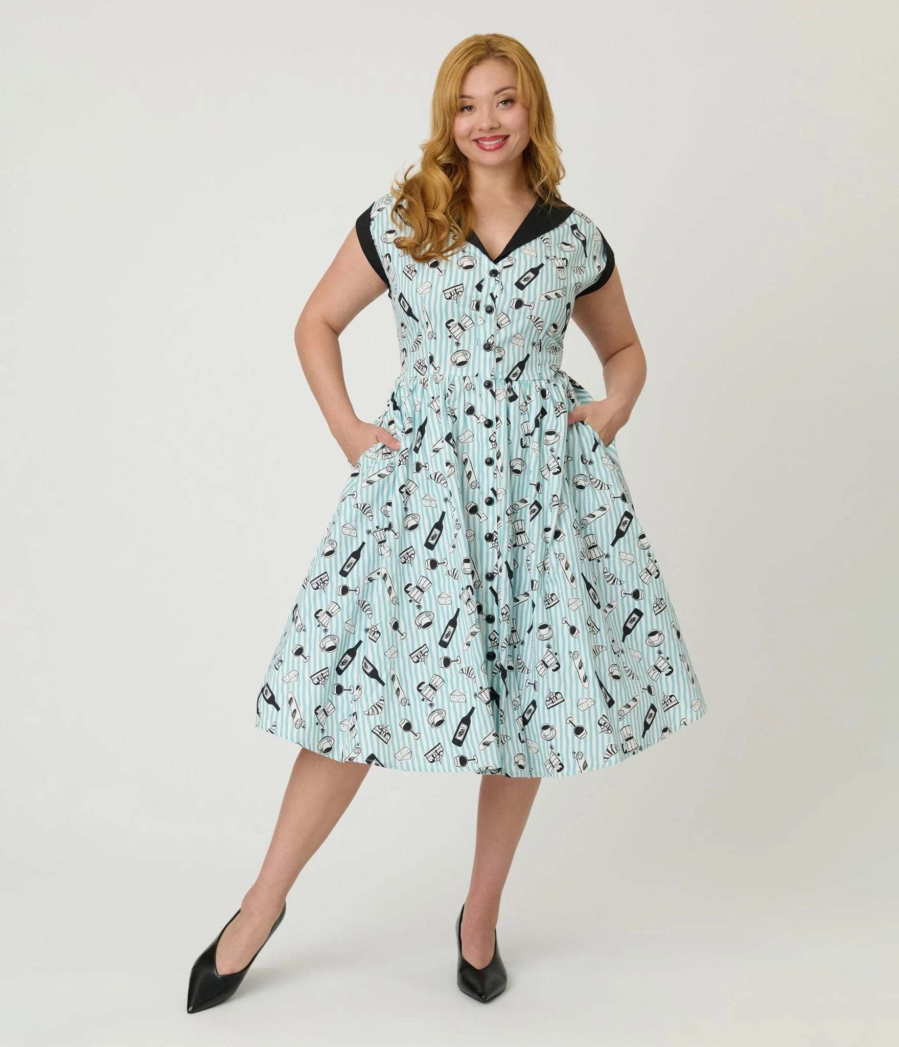 Unique Vintage Blue Stripe & Paris Cafe Print Swing Dress - Image 4