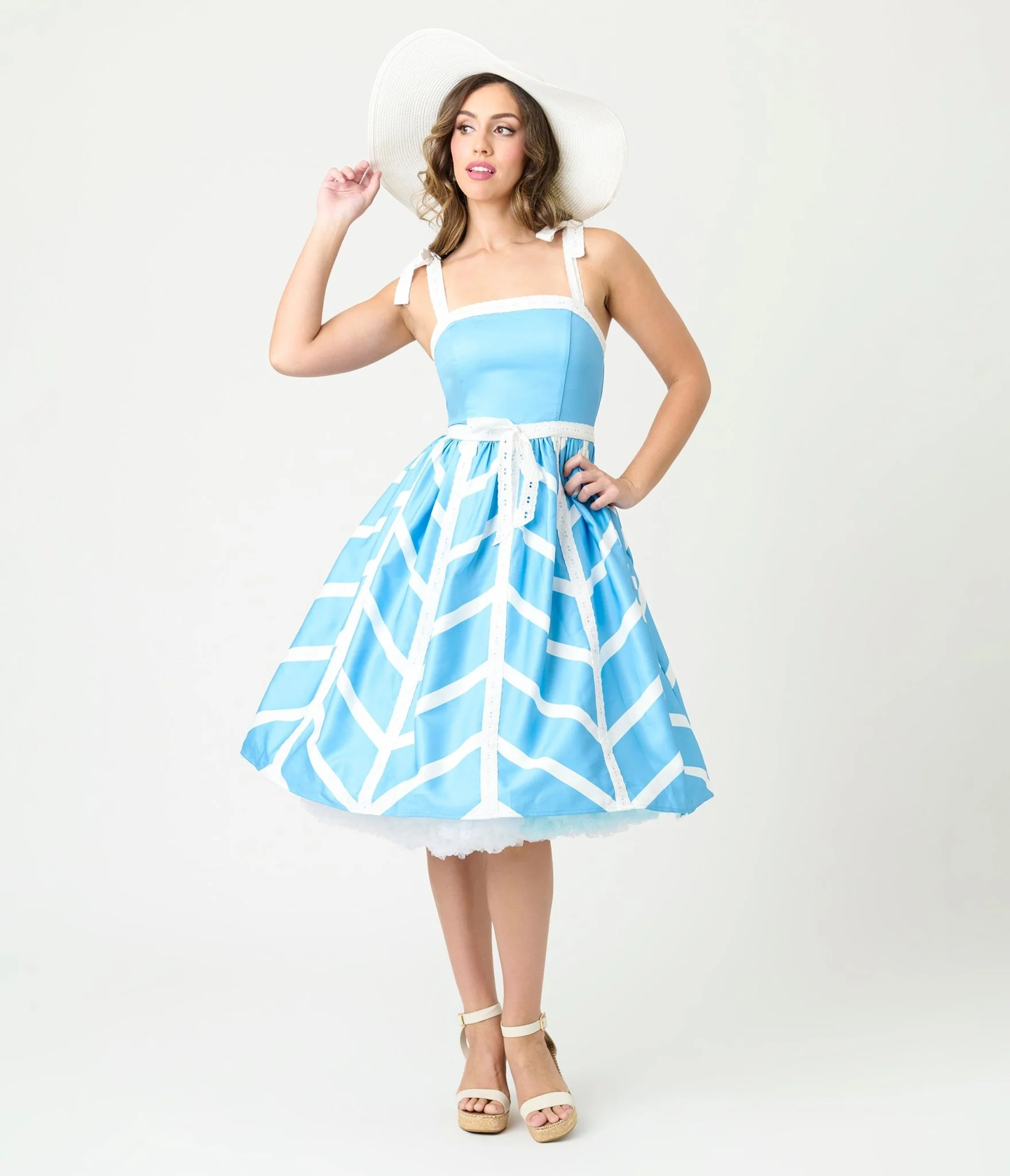 Unique Vintage Blue & White Chevron Eyelet Swing Dress - Image 3