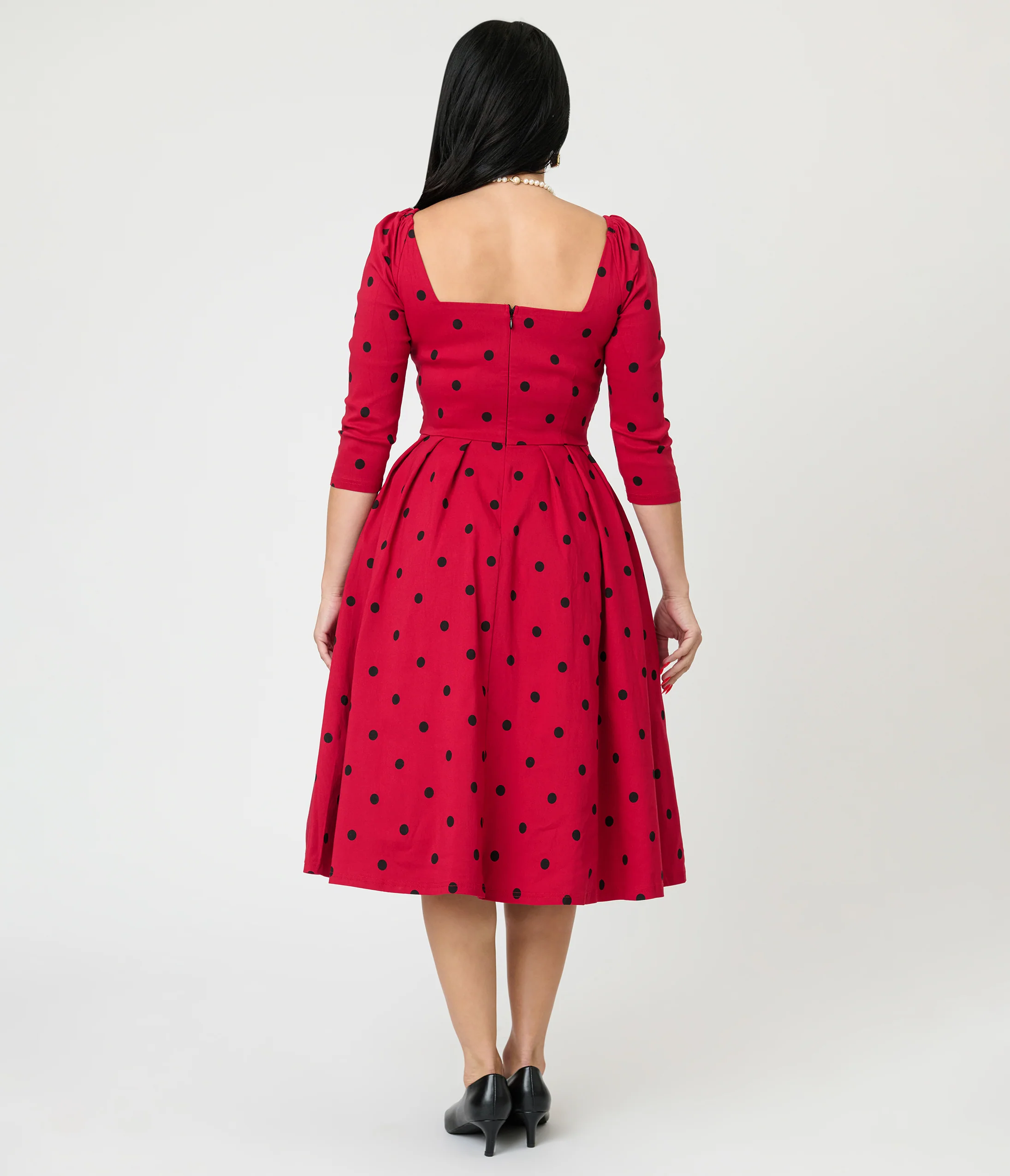 Unique Vintage Burgundy & Black Dot Sweetheart Lamar Swing Dress - Image 2