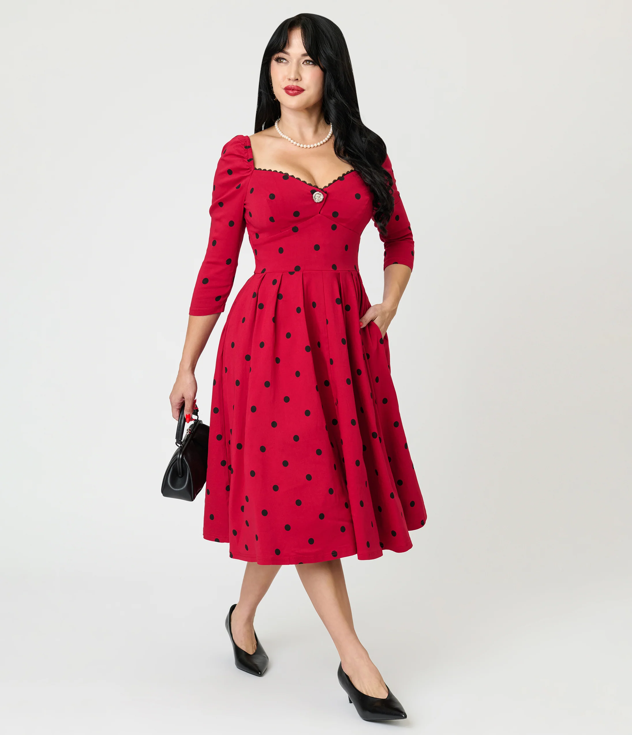 Unique Vintage Burgundy & Black Dot Sweetheart Lamar Swing Dress - Image 3