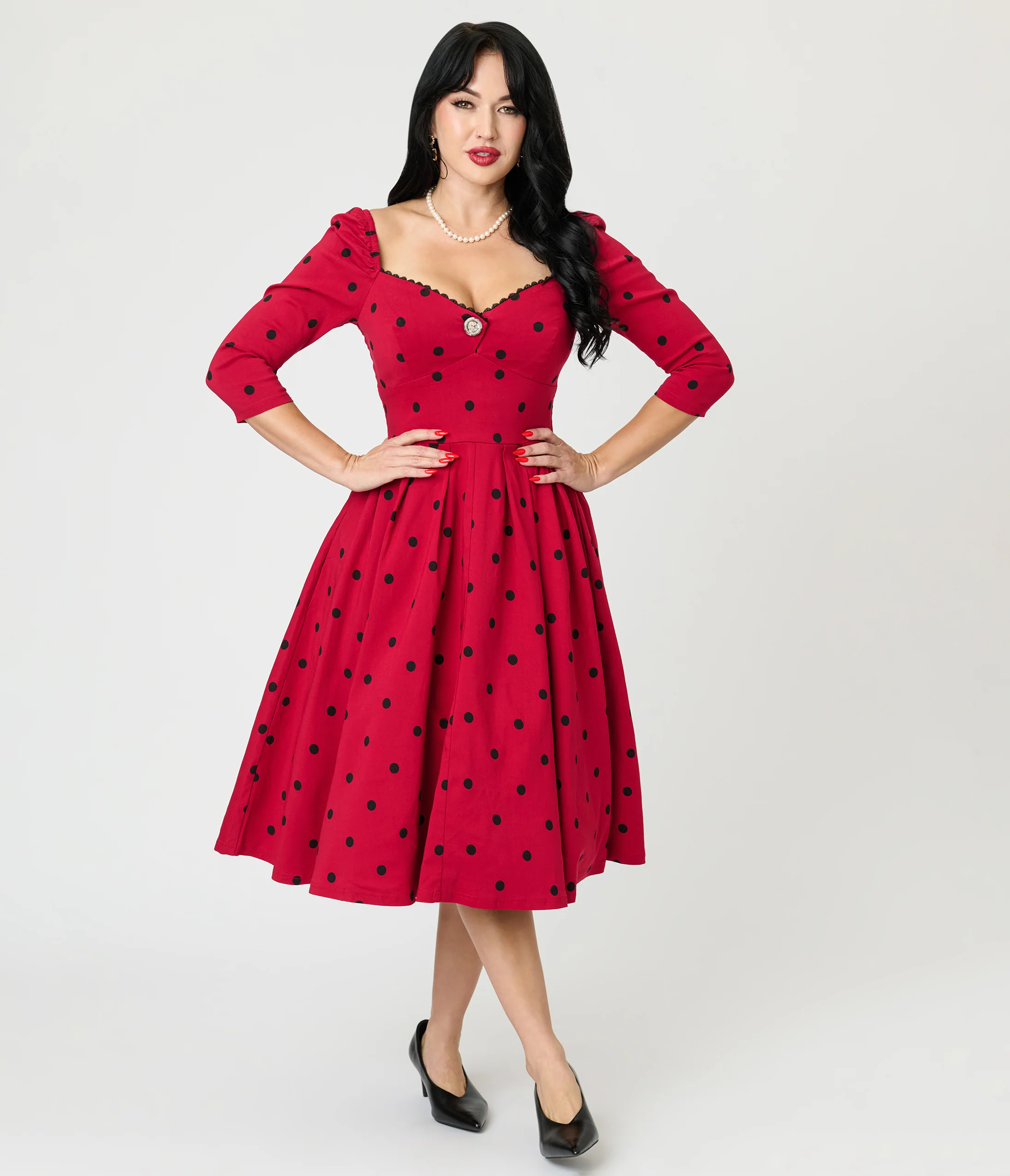 Unique Vintage Burgundy & Black Dot Sweetheart Lamar Swing Dress - Image 4