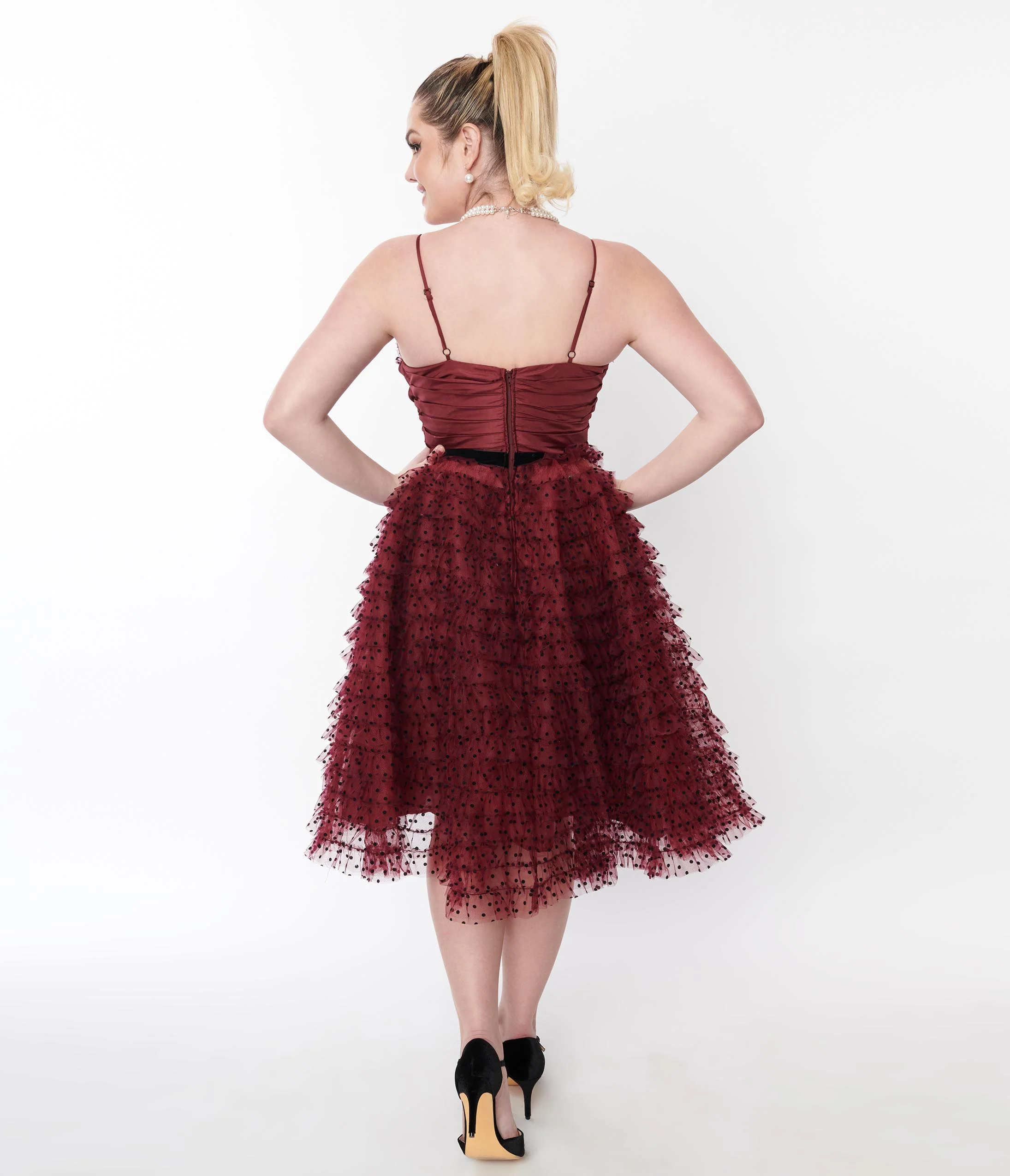 Unique Vintage Burgundy & Black Polka Dot Tulle Cupcake Swing Dress - Image 3