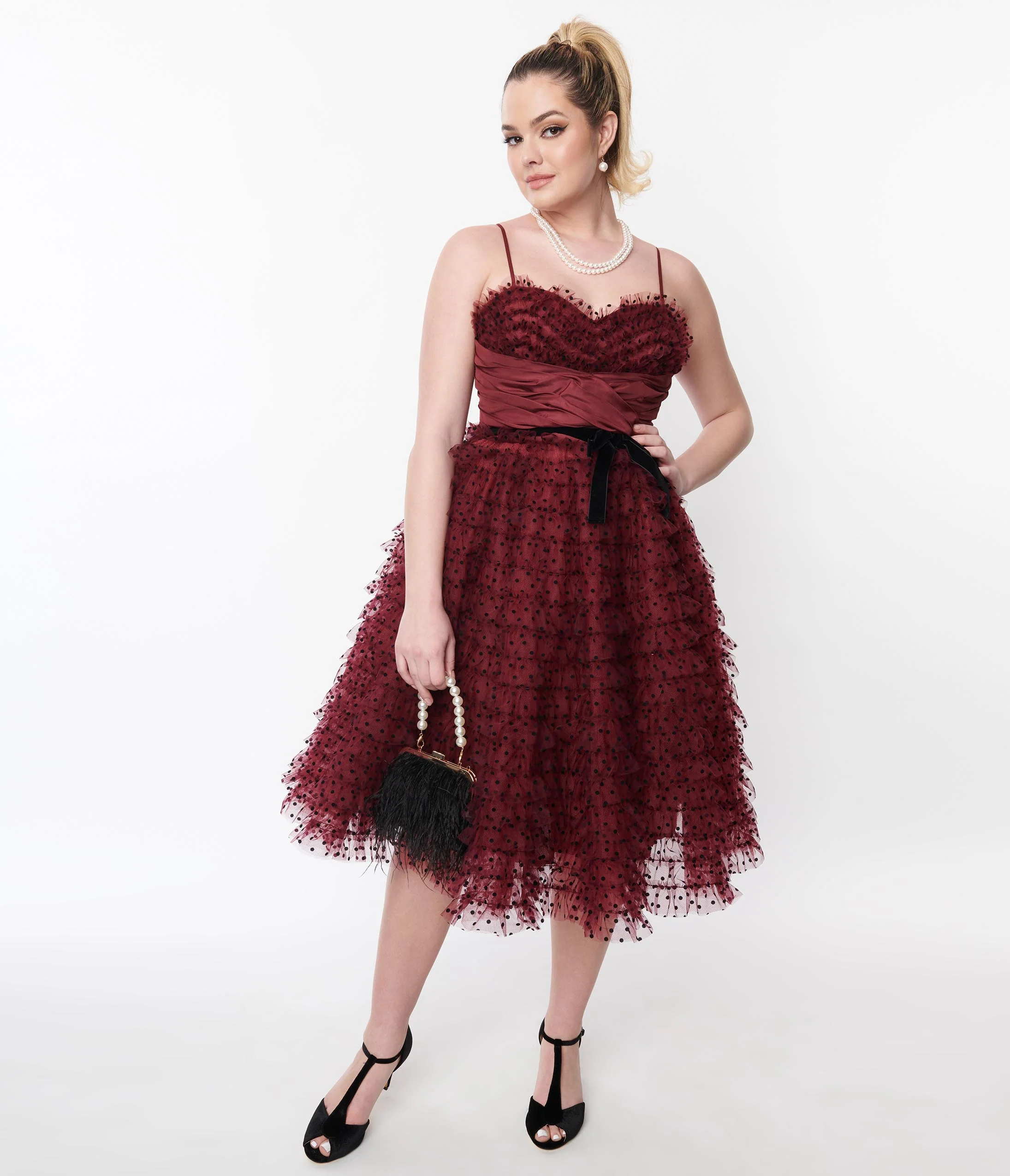 Unique Vintage Burgundy & Black Polka Dot Tulle Cupcake Swing Dress - Image 4
