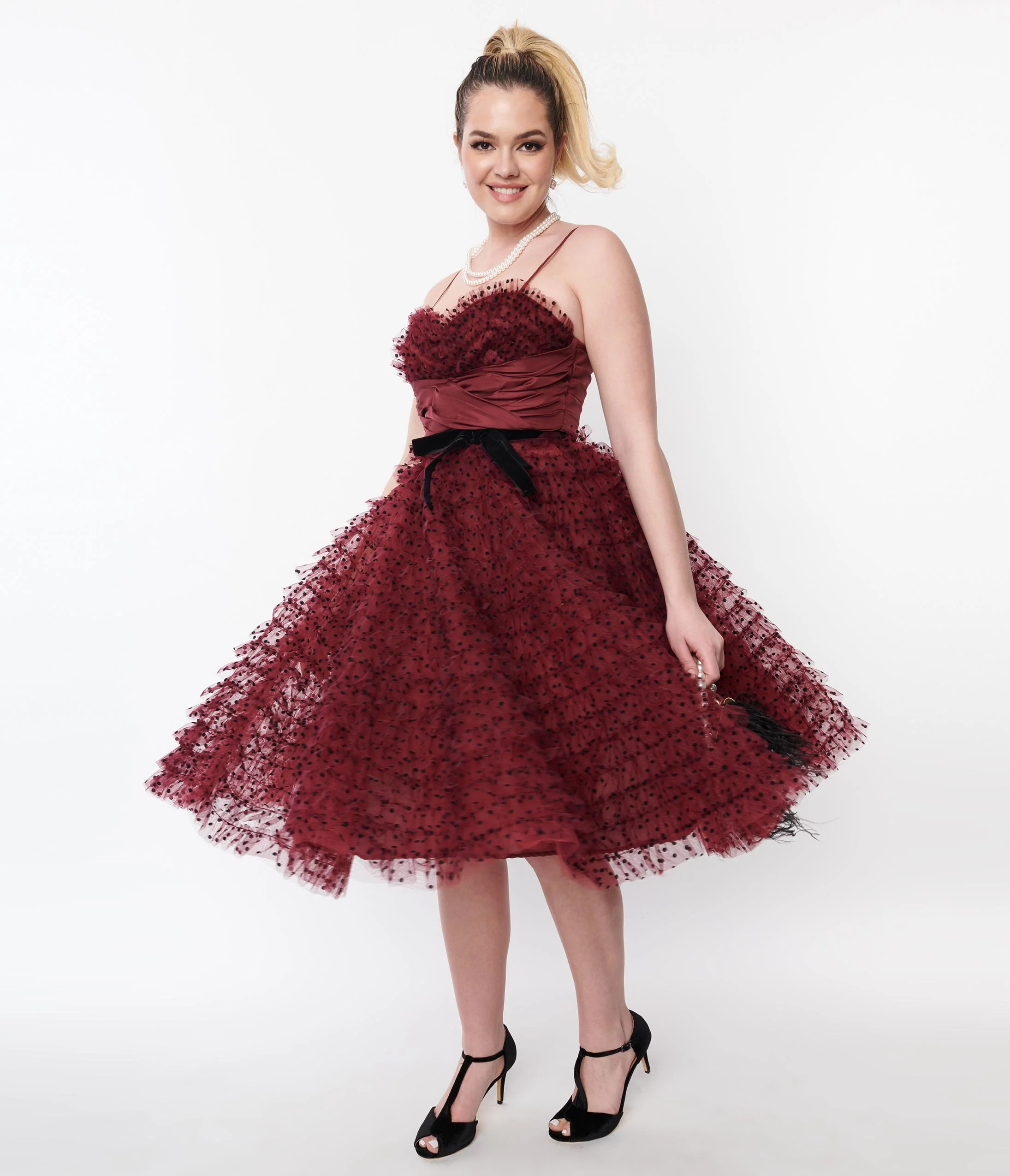 Unique Vintage Burgundy & Black Polka Dot Tulle Cupcake Swing Dress - Image 5