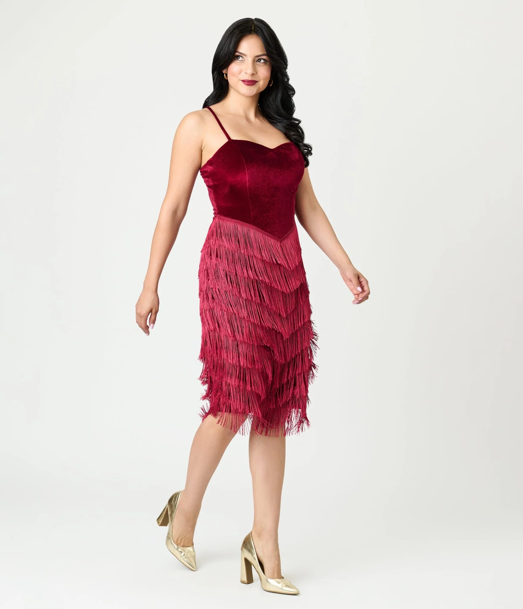 Unique Vintage Burgundy Chevron Fringe Pencil Dress - Image 3