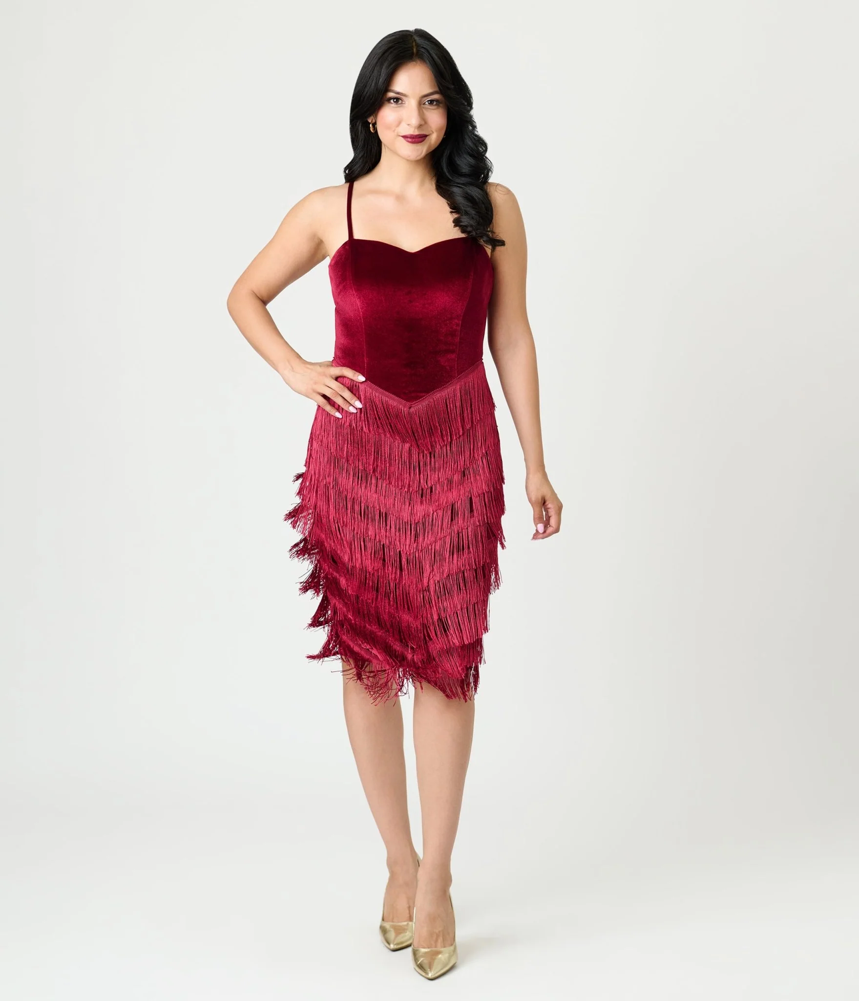 Unique Vintage Burgundy Chevron Fringe Pencil Dress - Image 4