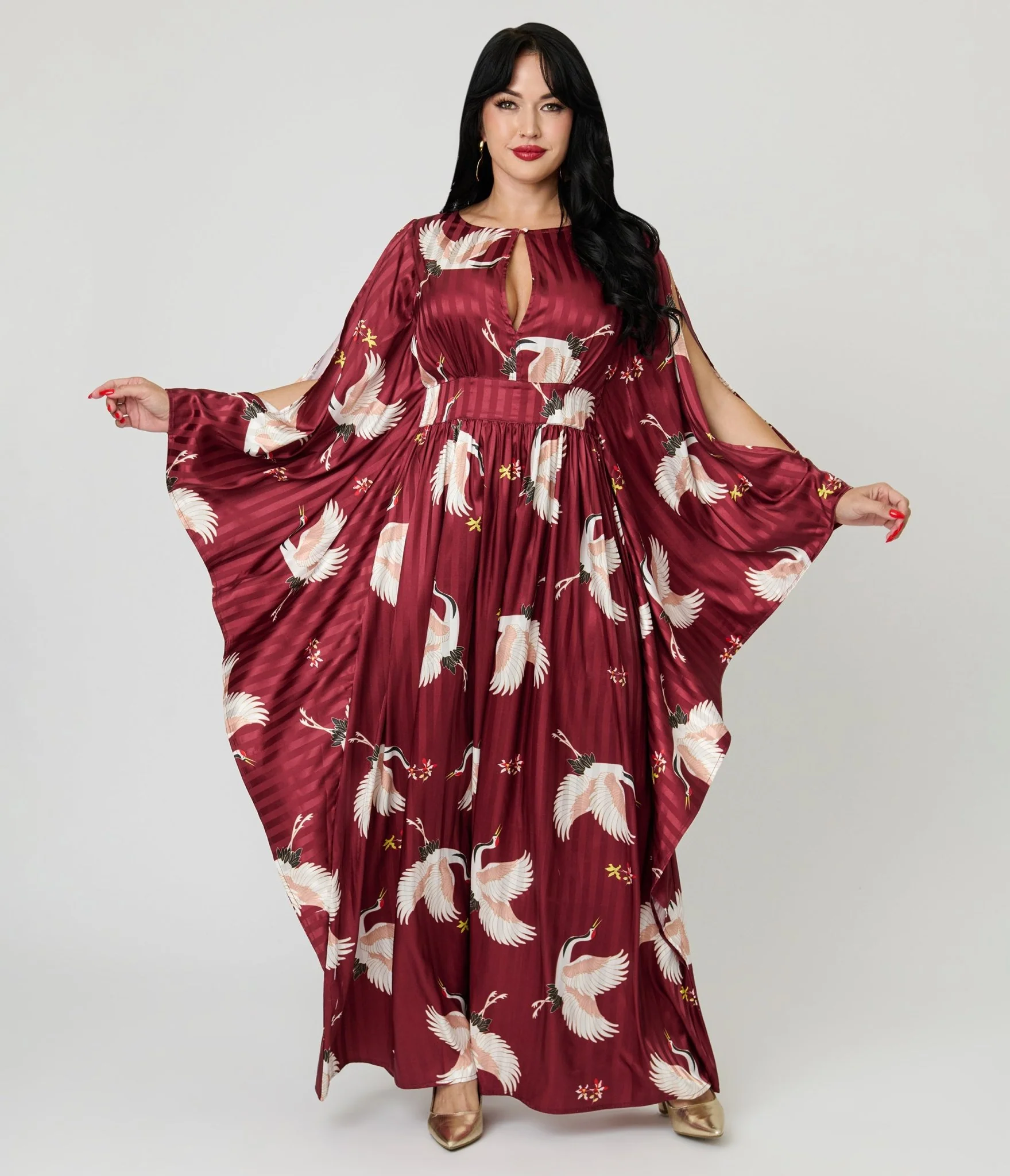 Unique Vintage Burgundy Crane Flutter Sleeve Caftan - Image 4