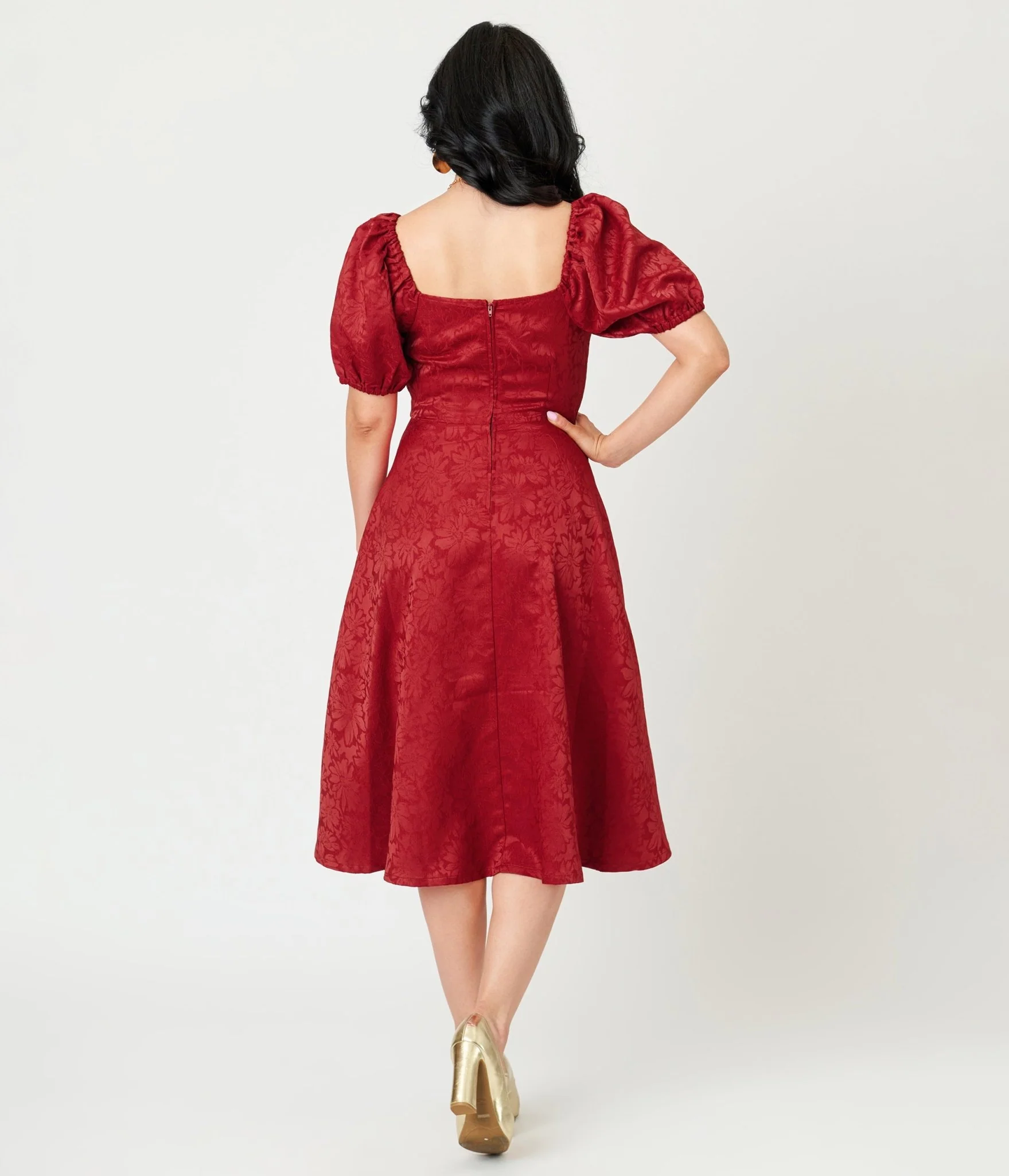 Unique Vintage Burgundy Floral Jacquard Sweetheart Swing Dress - Image 2