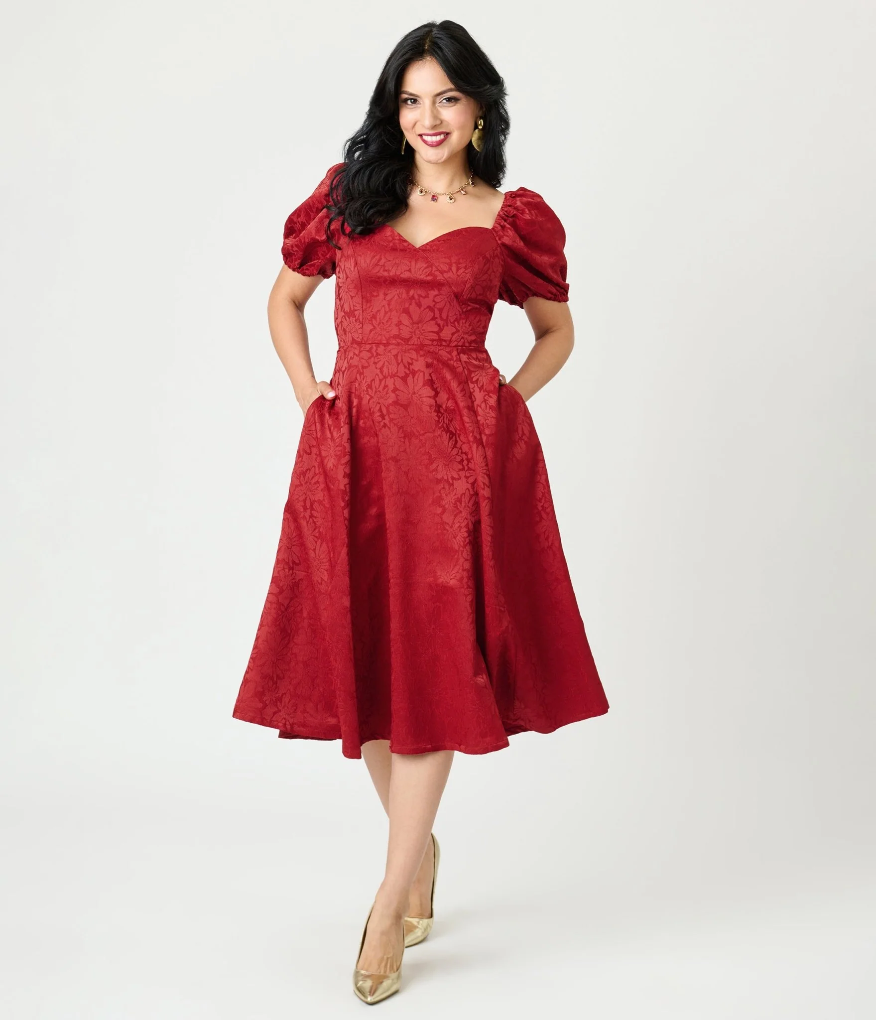 Unique Vintage Burgundy Floral Jacquard Sweetheart Swing Dress - Image 3