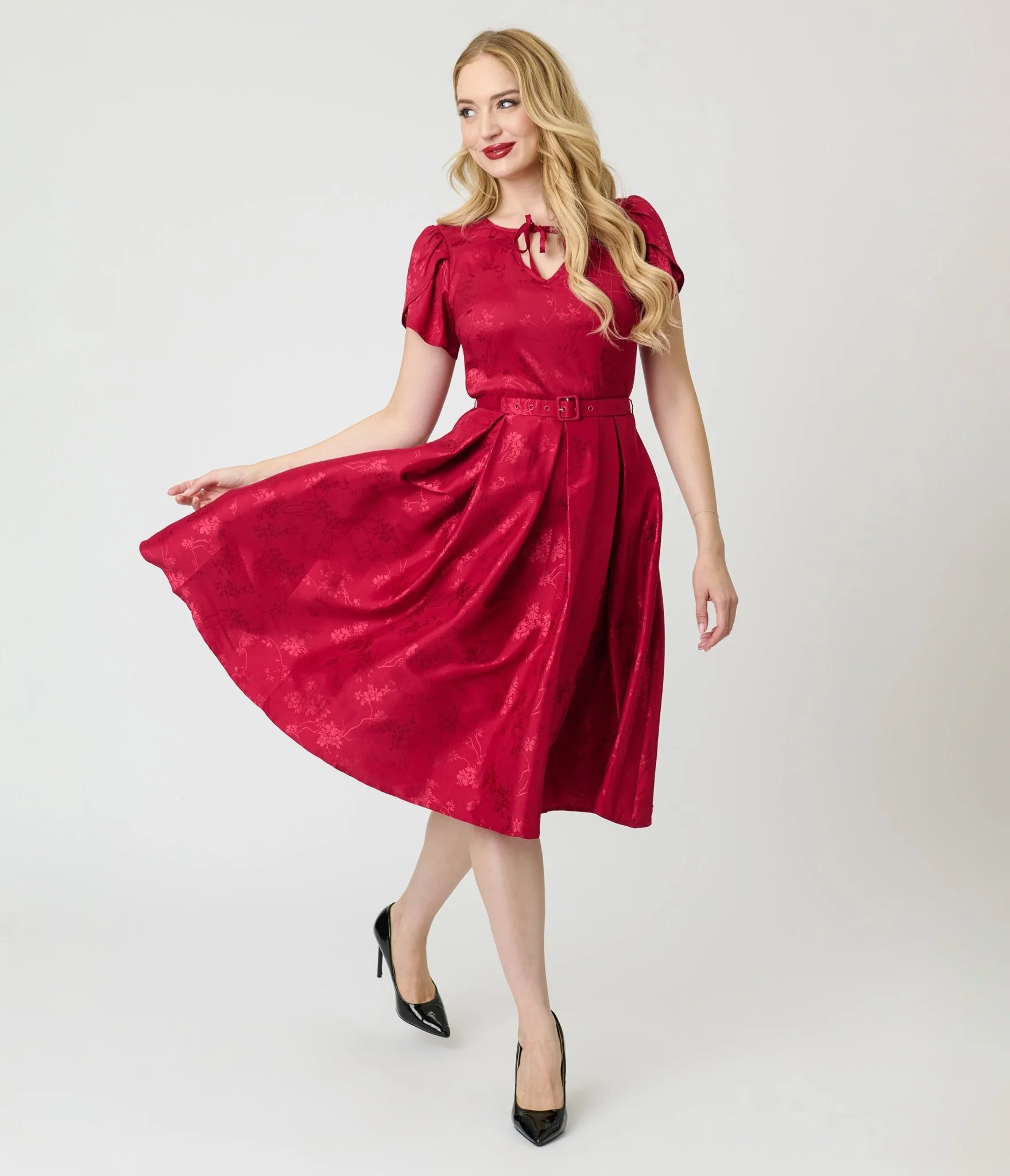 Unique Vintage Red Floral Print Dahlia Swing Dress
