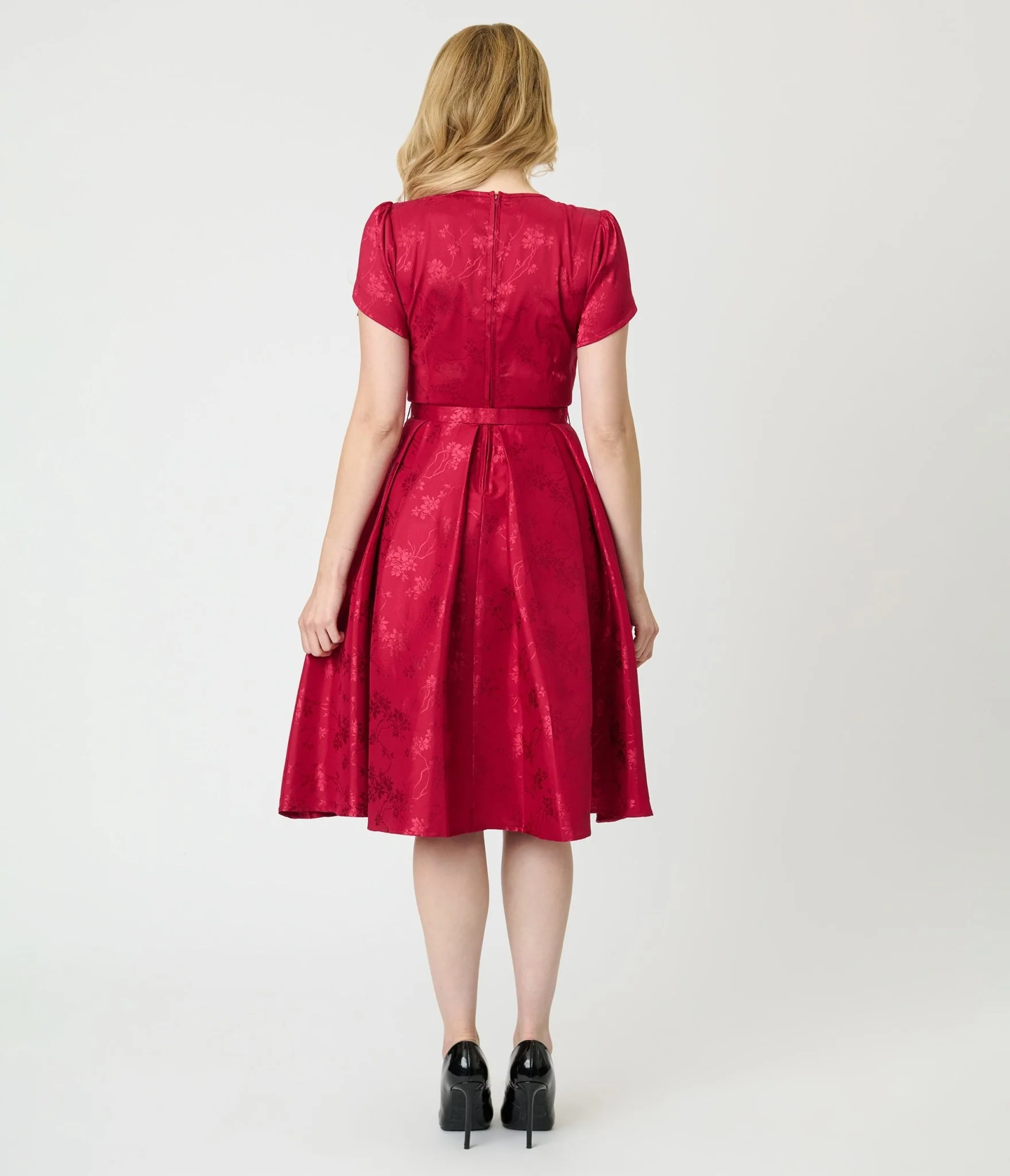 Unique Vintage Red Floral Print Dahlia Swing Dress - Image 2