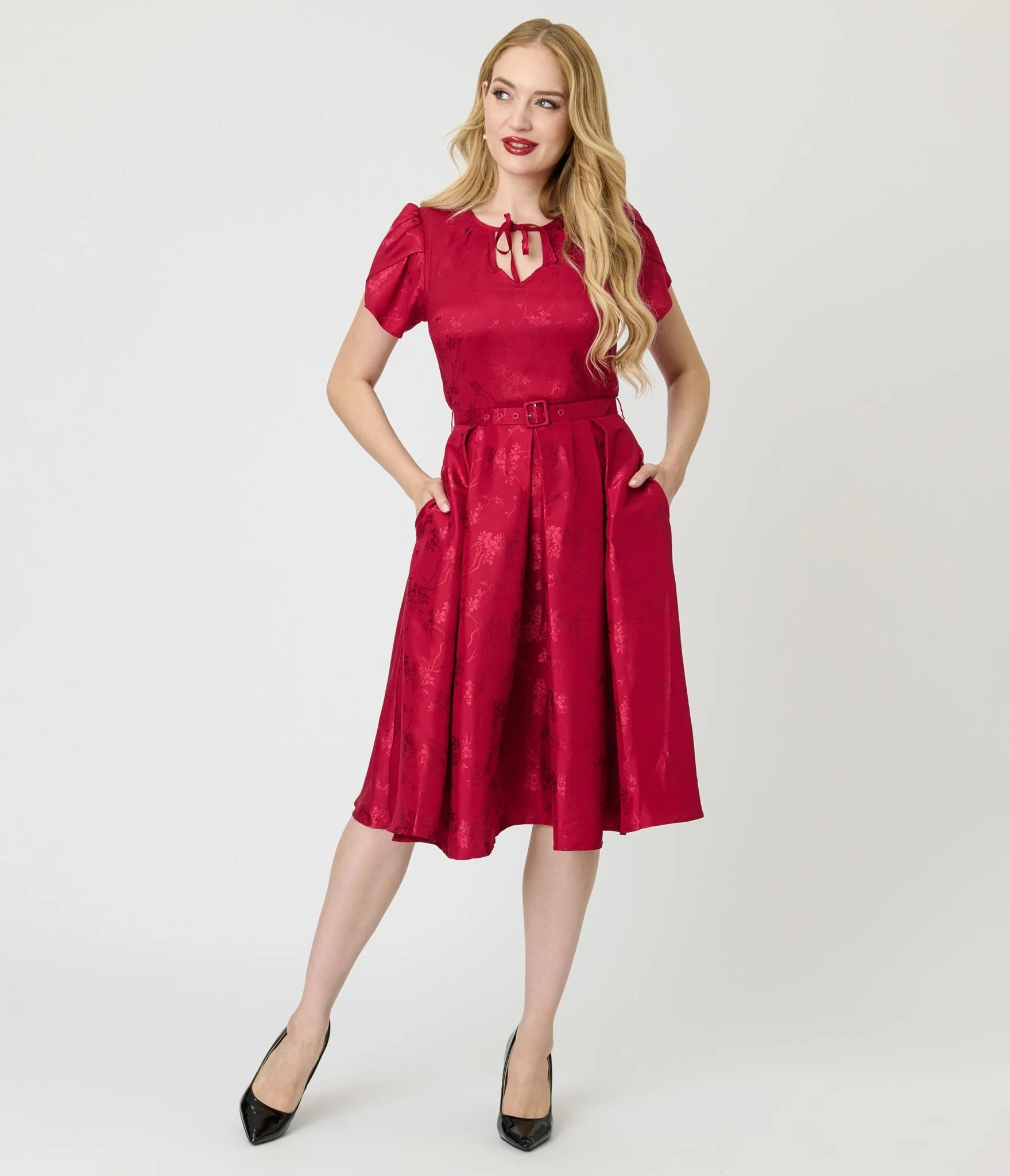 Unique Vintage Red Floral Print Dahlia Swing Dress - Image 3