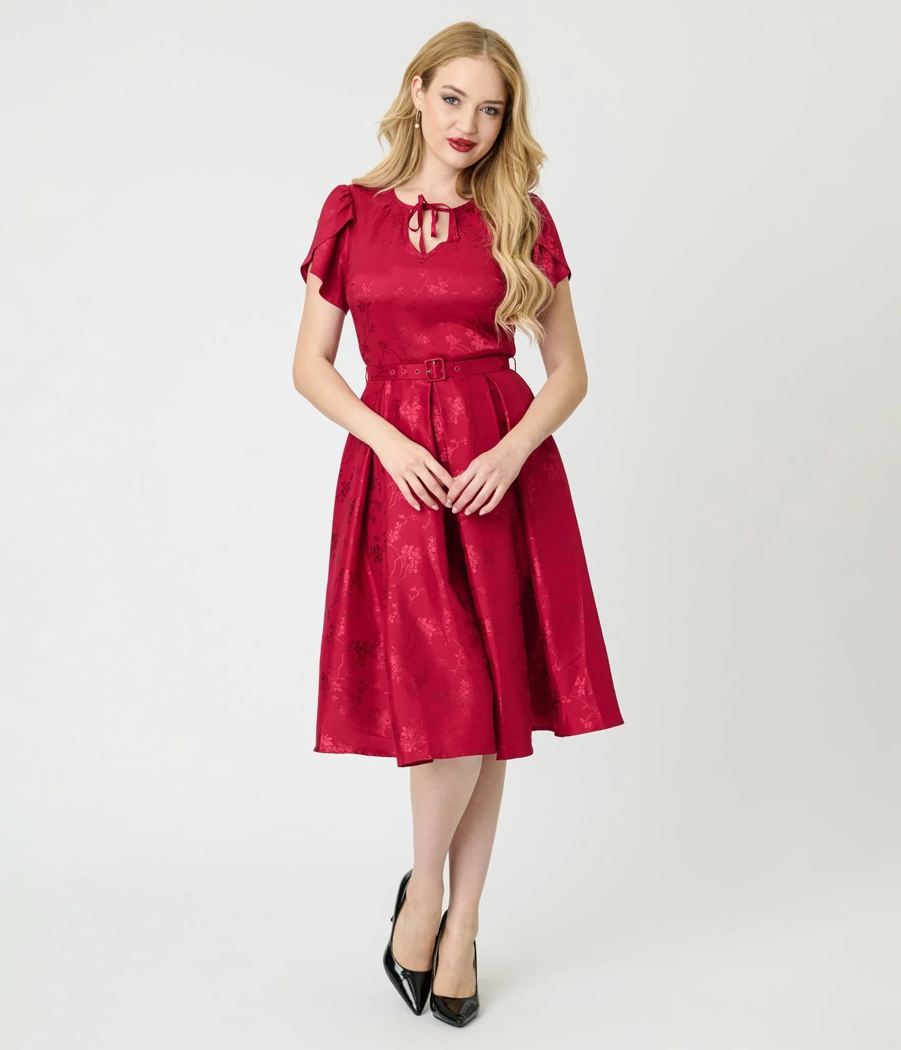 Unique Vintage Red Floral Print Dahlia Swing Dress - Image 4