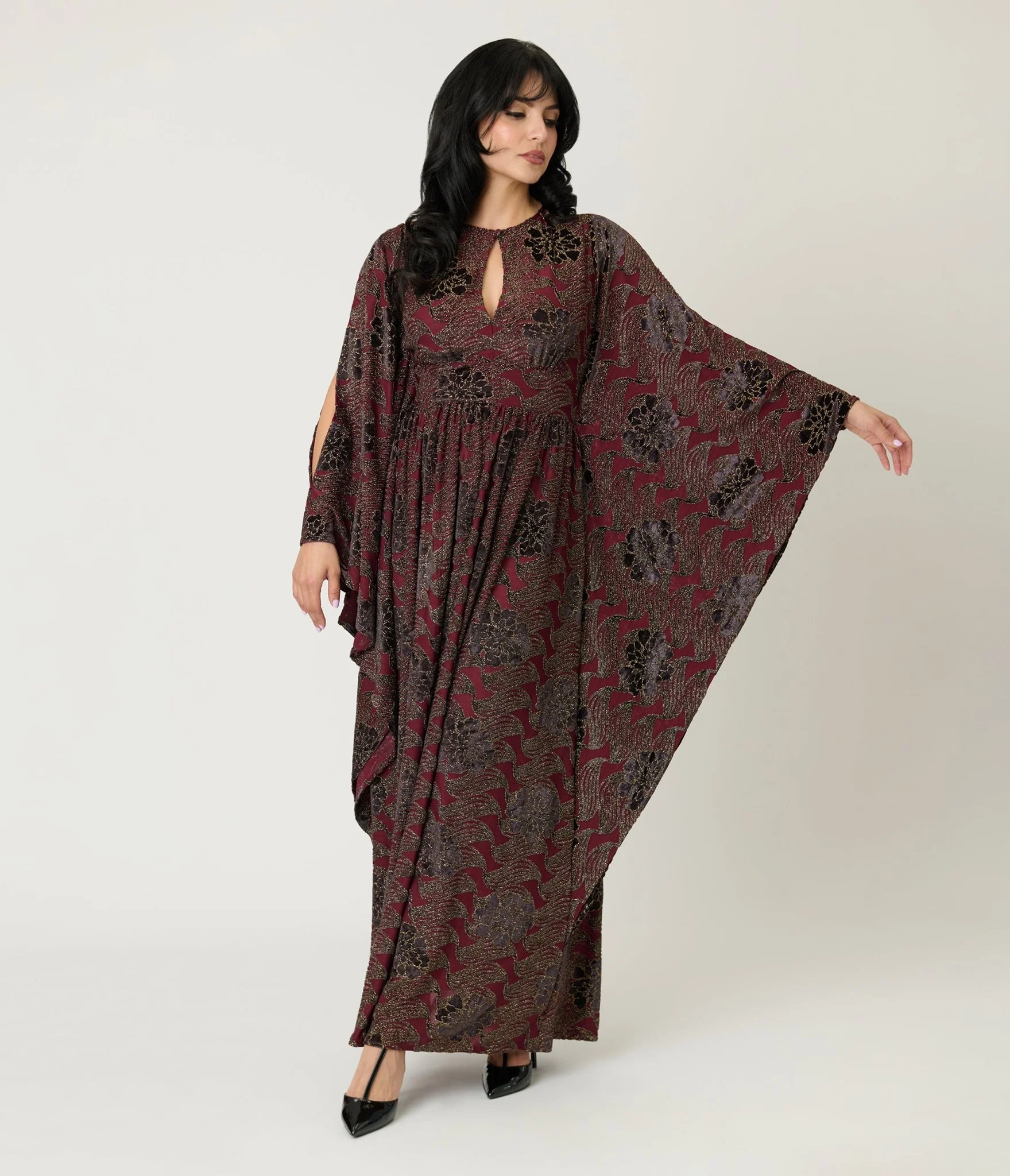 Unique Vintage Burgundy Floral Velvet Flutter Sleeve Caftan - Image 3