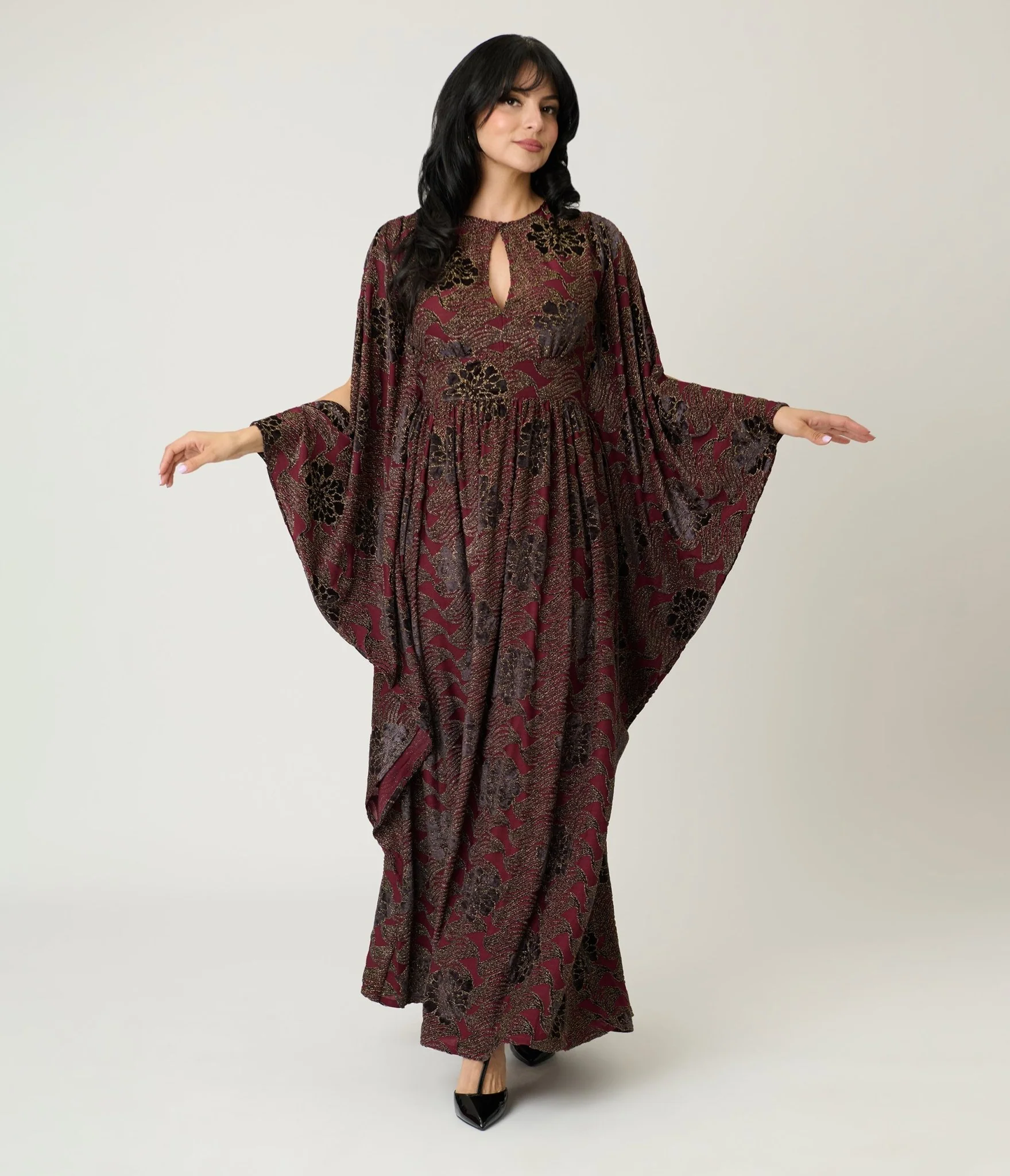 Unique Vintage Burgundy Floral Velvet Flutter Sleeve Caftan - Image 4