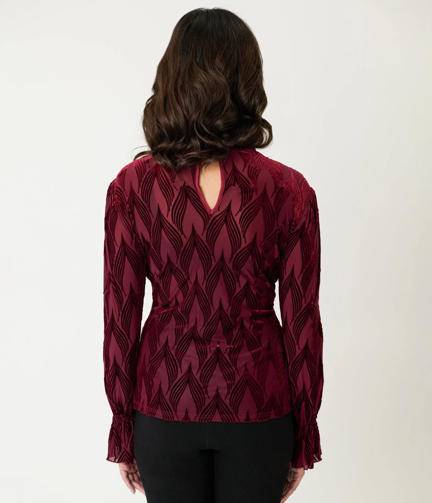 Unique Vintage Burgundy Leaf Velvet Burnout Donna Blouse - Image 2
